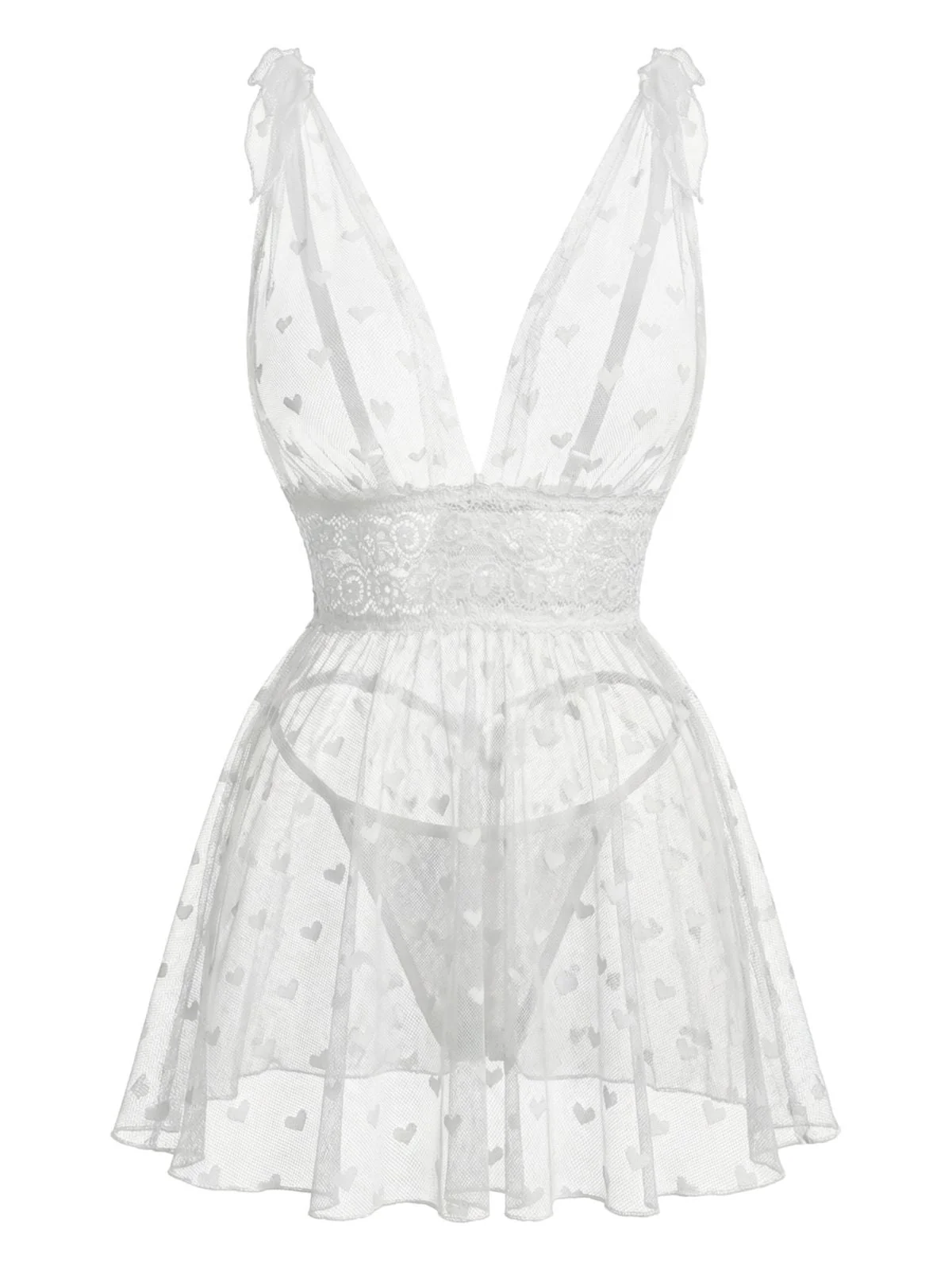 Weiß 1960er Herz Punkte Transparent Spitze Nachtwäsche Set - Image 3