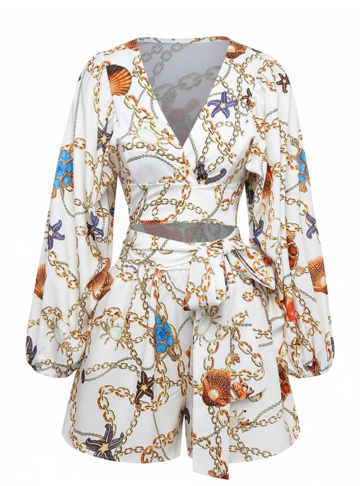 Weiß 1960er V-Ausschnitt Ketten Muschel Taille Cutout Romper - Image 2