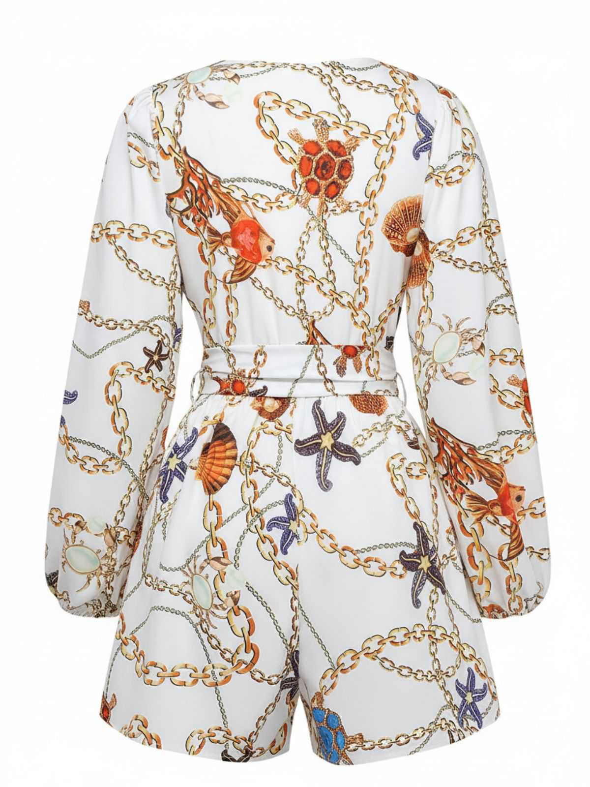 Weiß 1960er V-Ausschnitt Ketten Muschel Taille Cutout Romper - Image 3