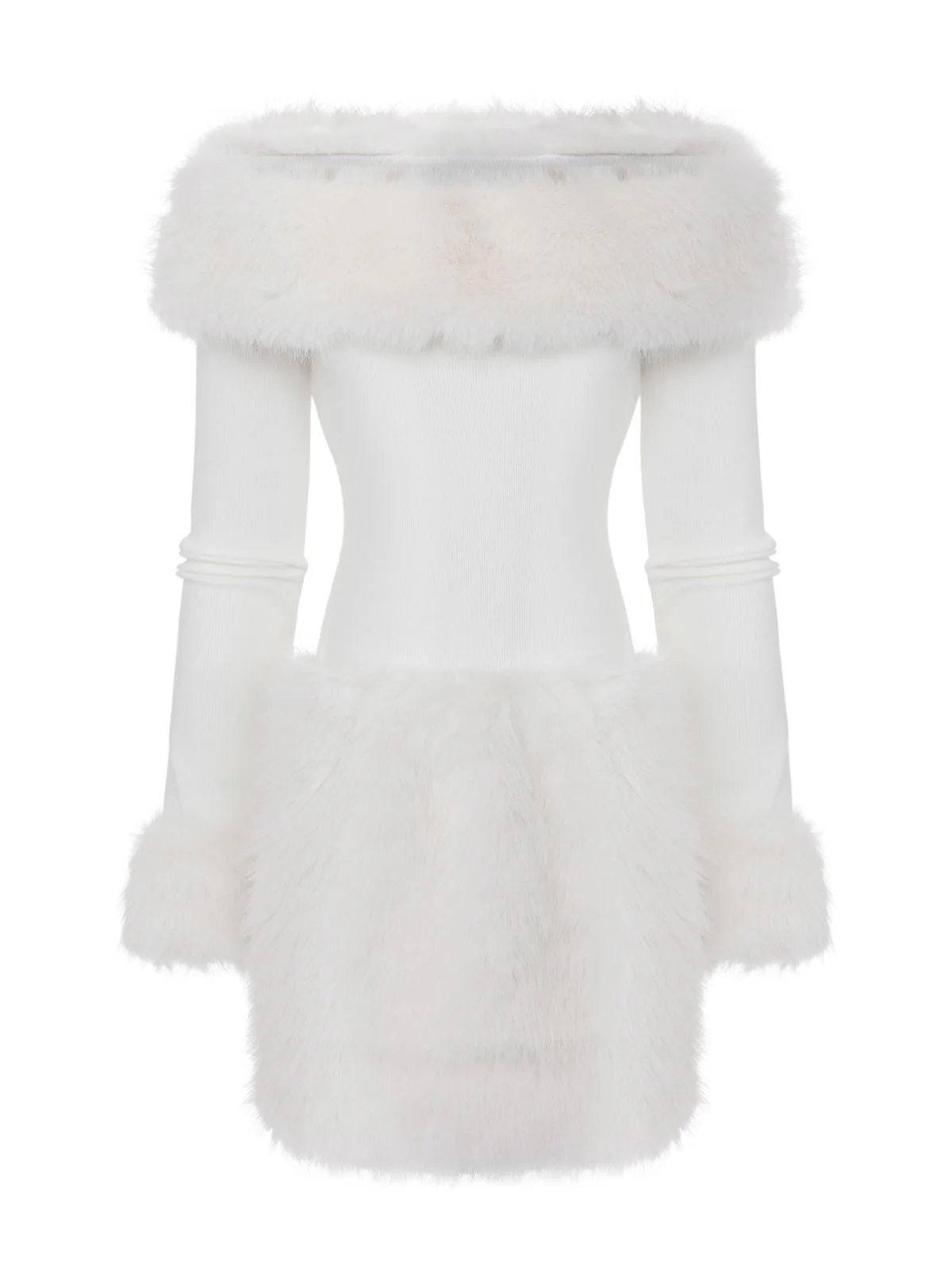 Weiß 1960er Weihnachten Faux Pelzbesatz Schulterfrei Kleid - Image 2