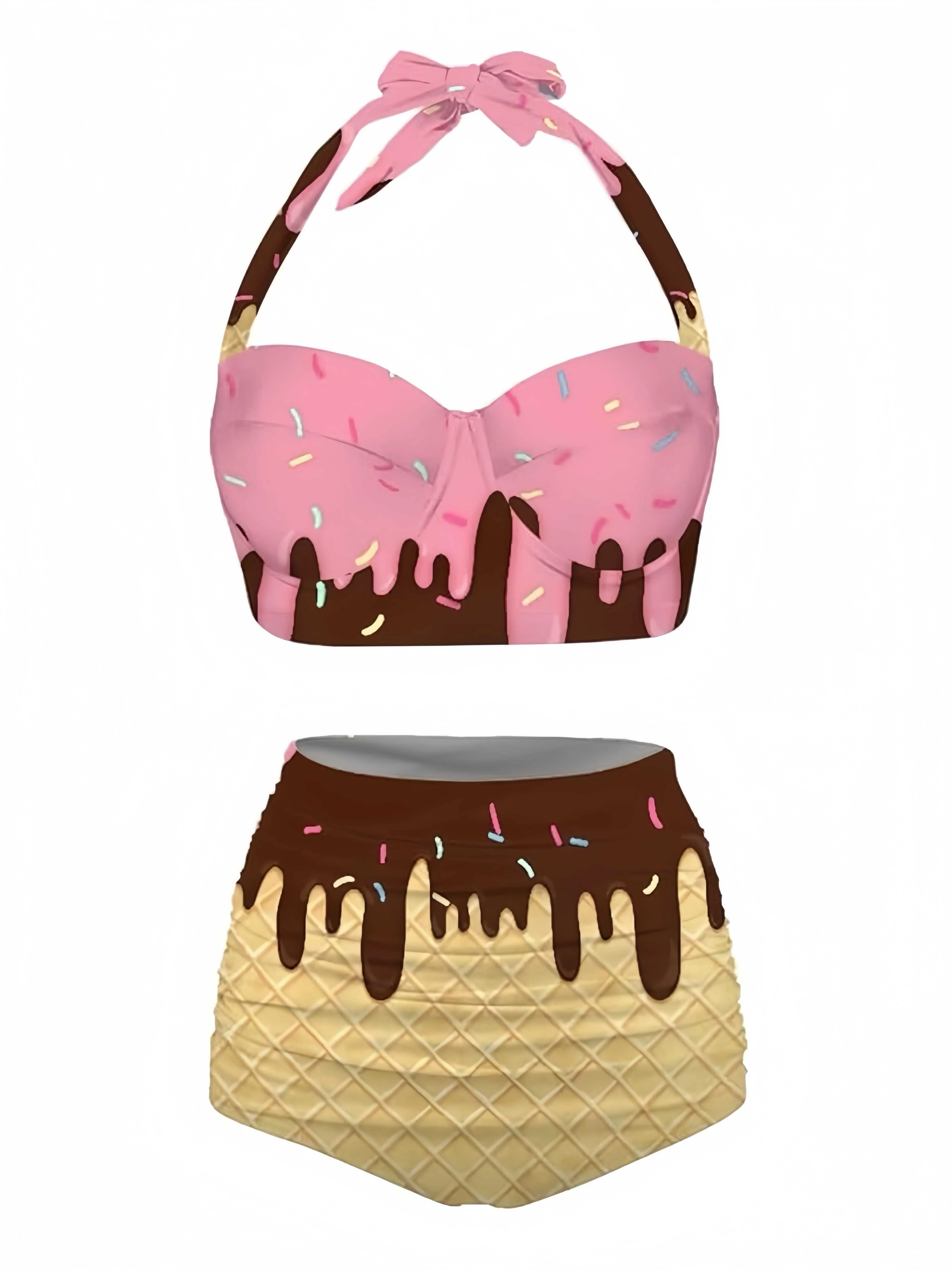 Weiß 1970er Halter Eistüte High-Waist Bikini - Image 3