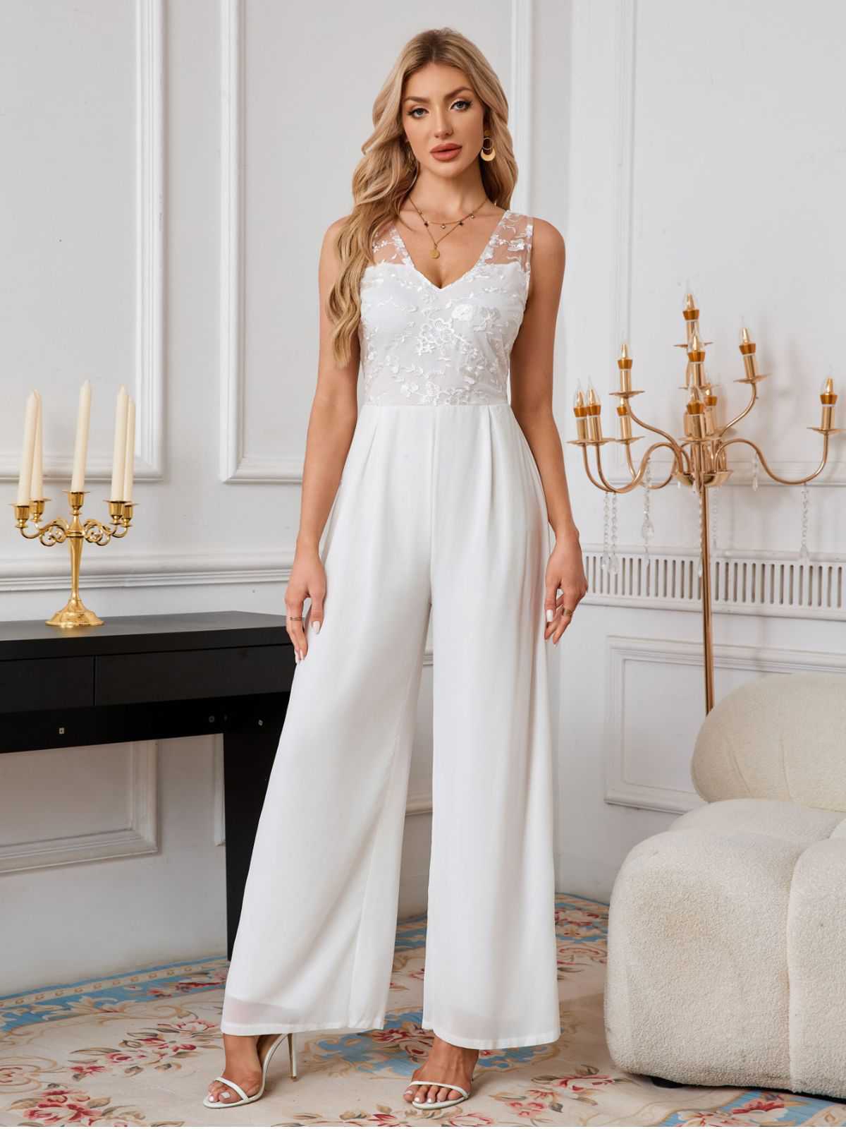 Weiß 1970er Netz Blumen Stickerei Jumpsuit - Image 3