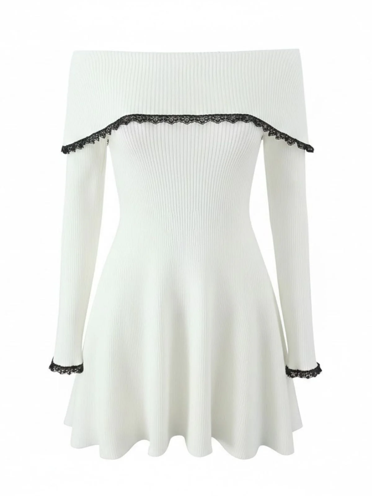 Weiß 1970er Schulterfrei Spitze Stricken Kleid - Image 2
