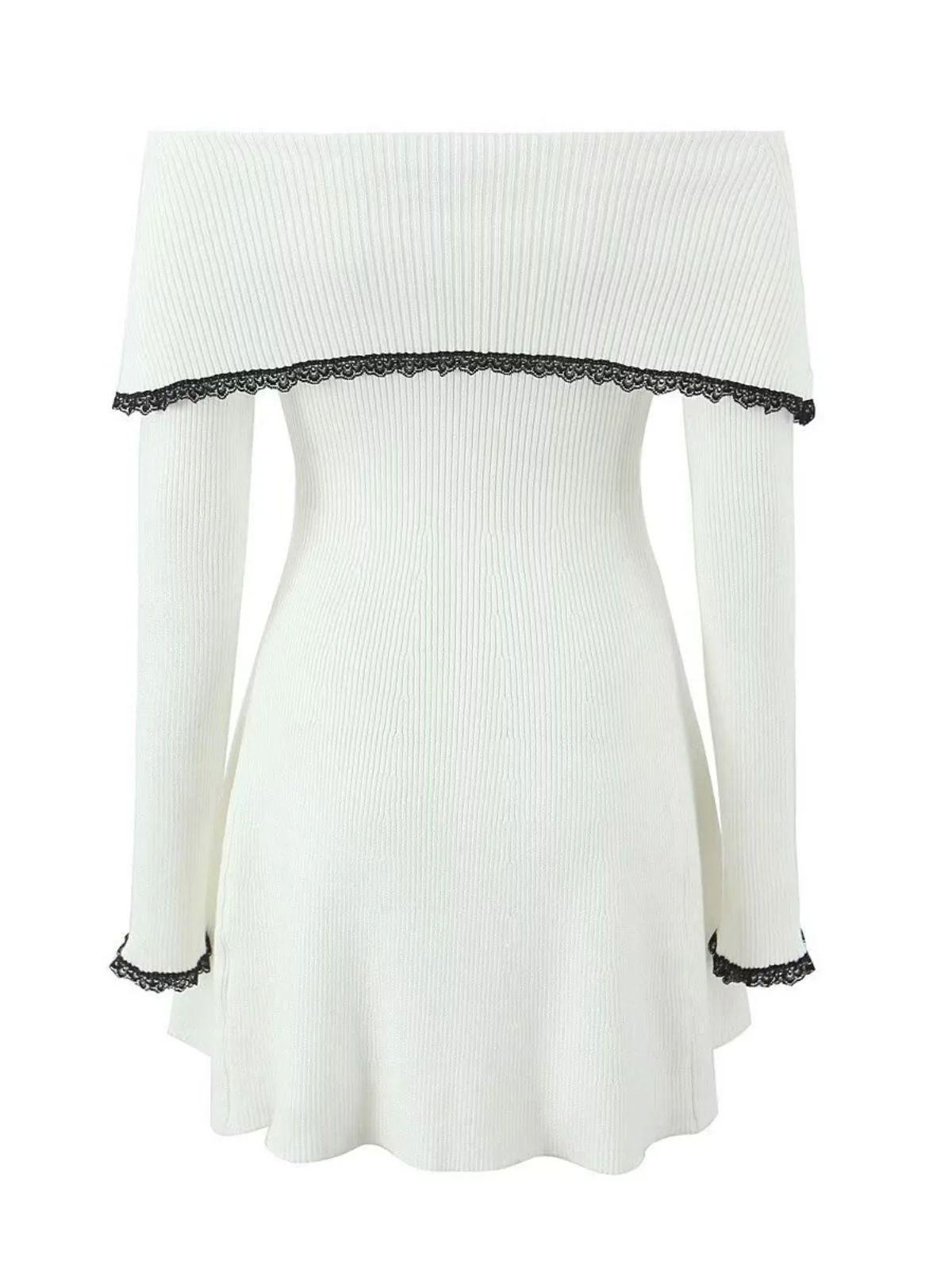 Weiß 1970er Schulterfrei Spitze Stricken Kleid - Image 3