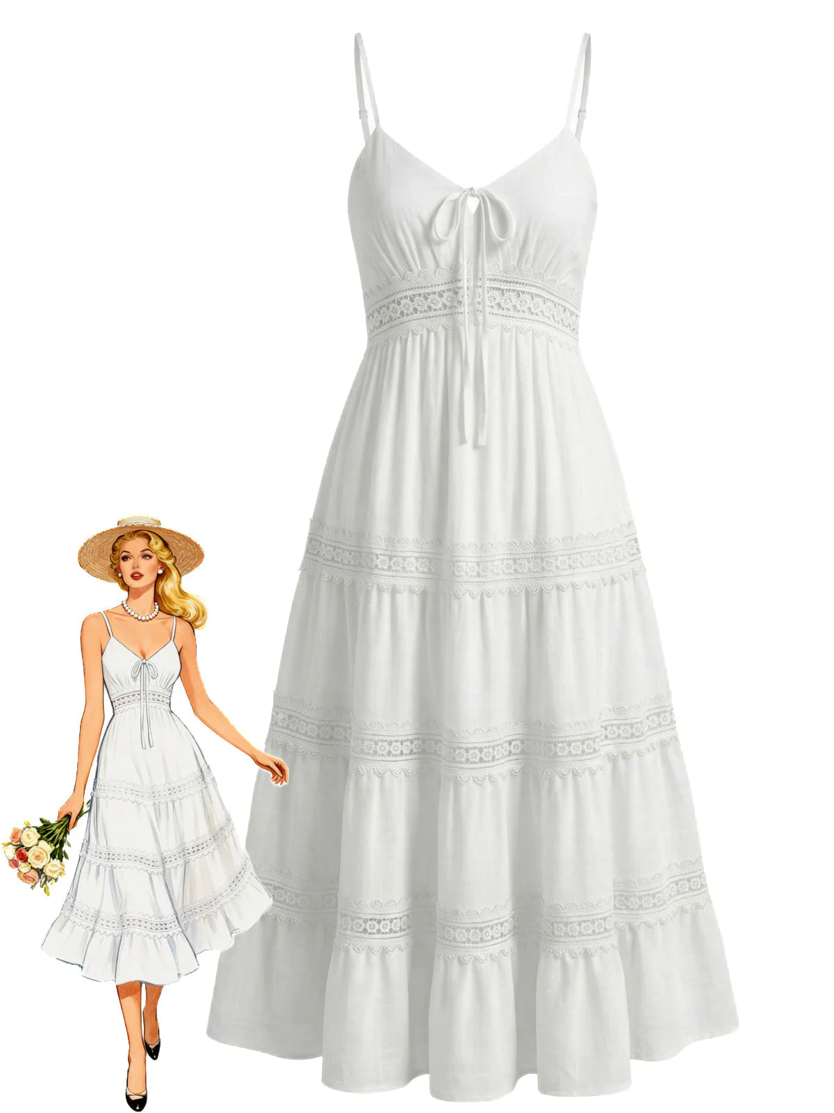 Weiß 1970er Spaghetti Träger Boho Spitze Gestuft Kleid