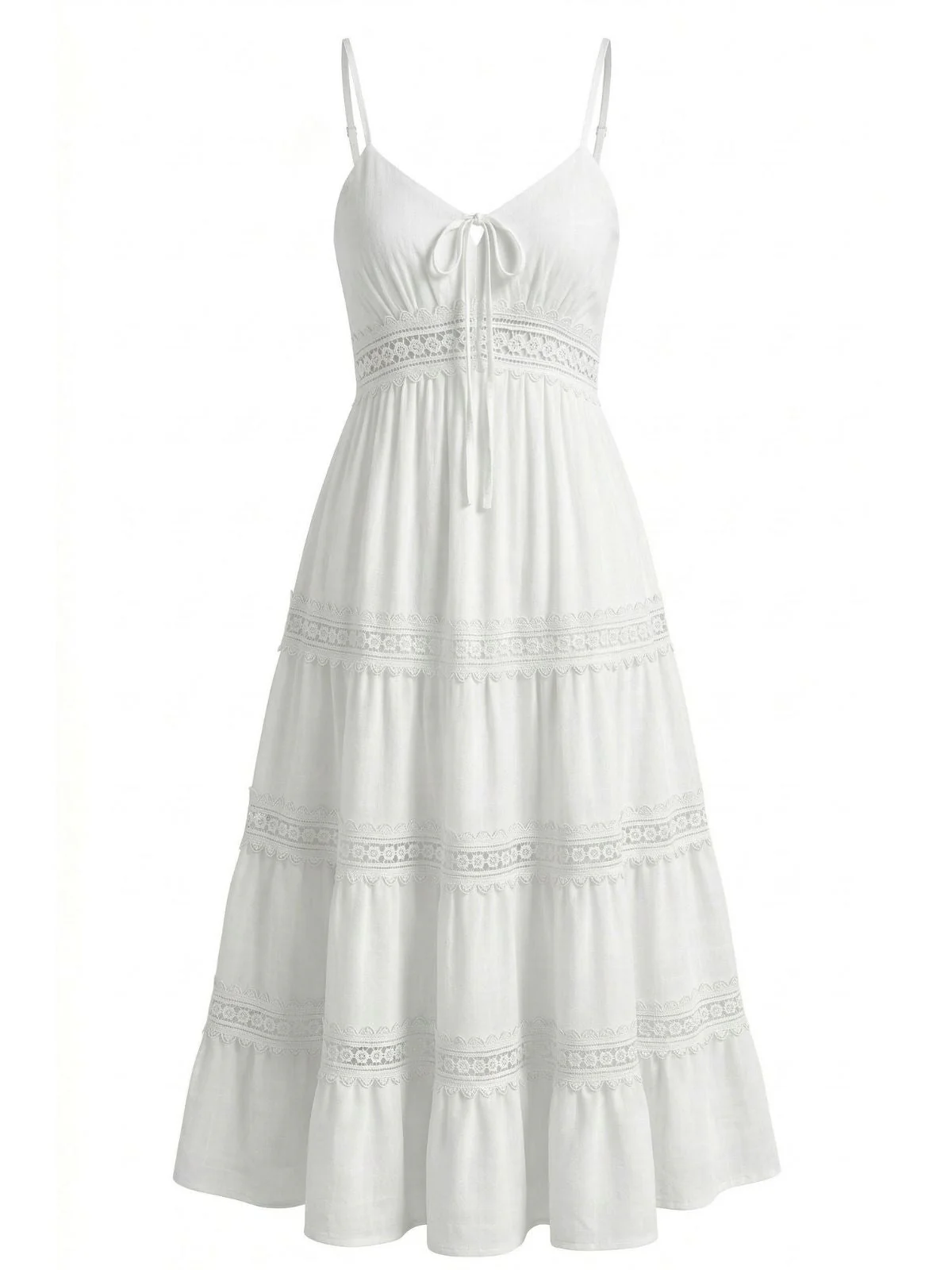 Weiß 1970er Spaghetti Träger Boho Spitze Gestuft Kleid - Image 2