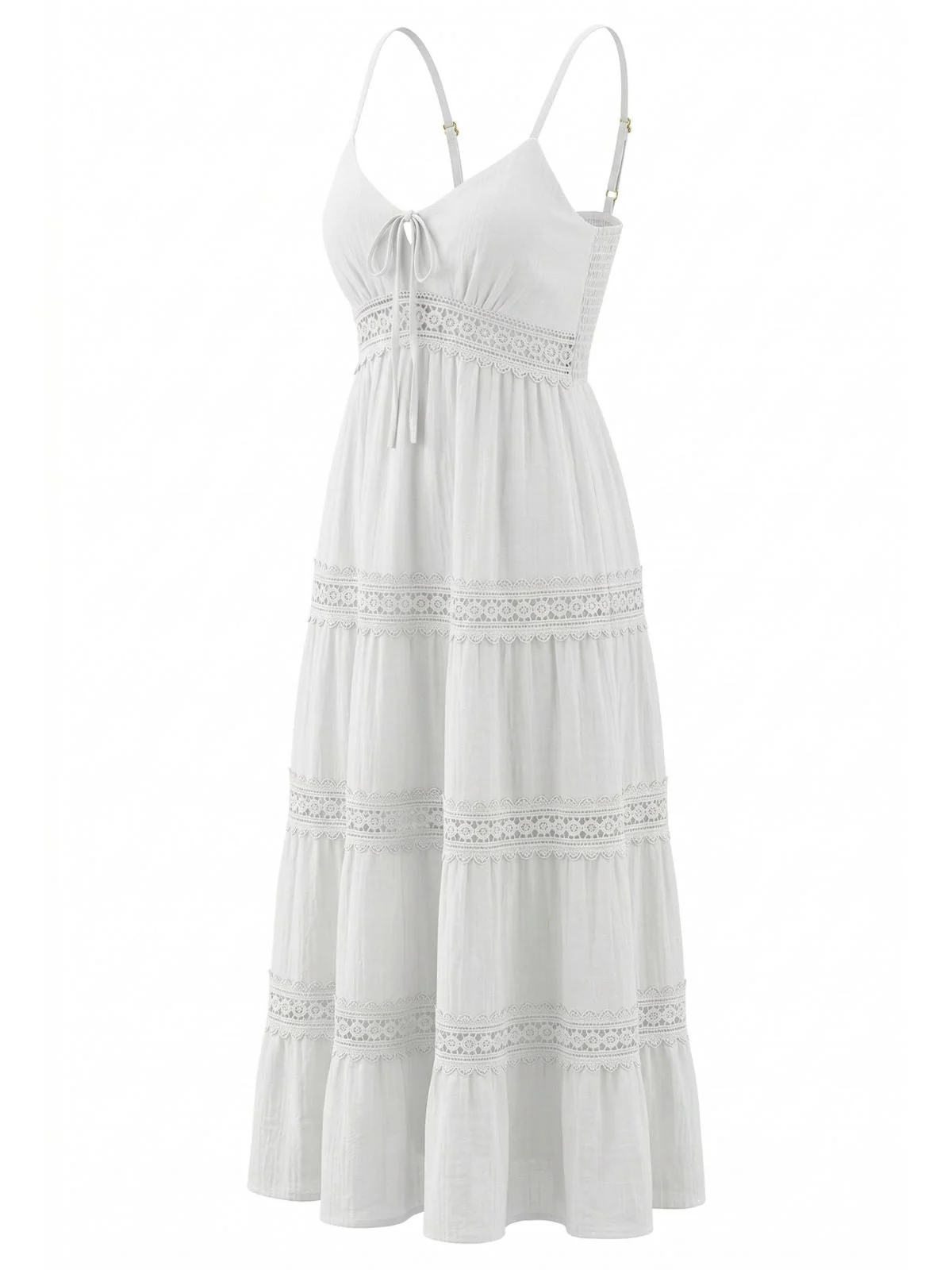Weiß 1970er Spaghetti Träger Boho Spitze Gestuft Kleid - Image 3
