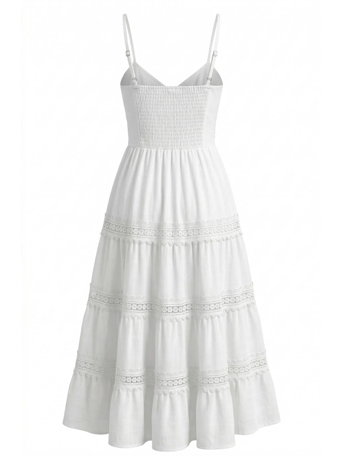 Weiß 1970er Spaghetti Träger Boho Spitze Gestuft Kleid - Image 4