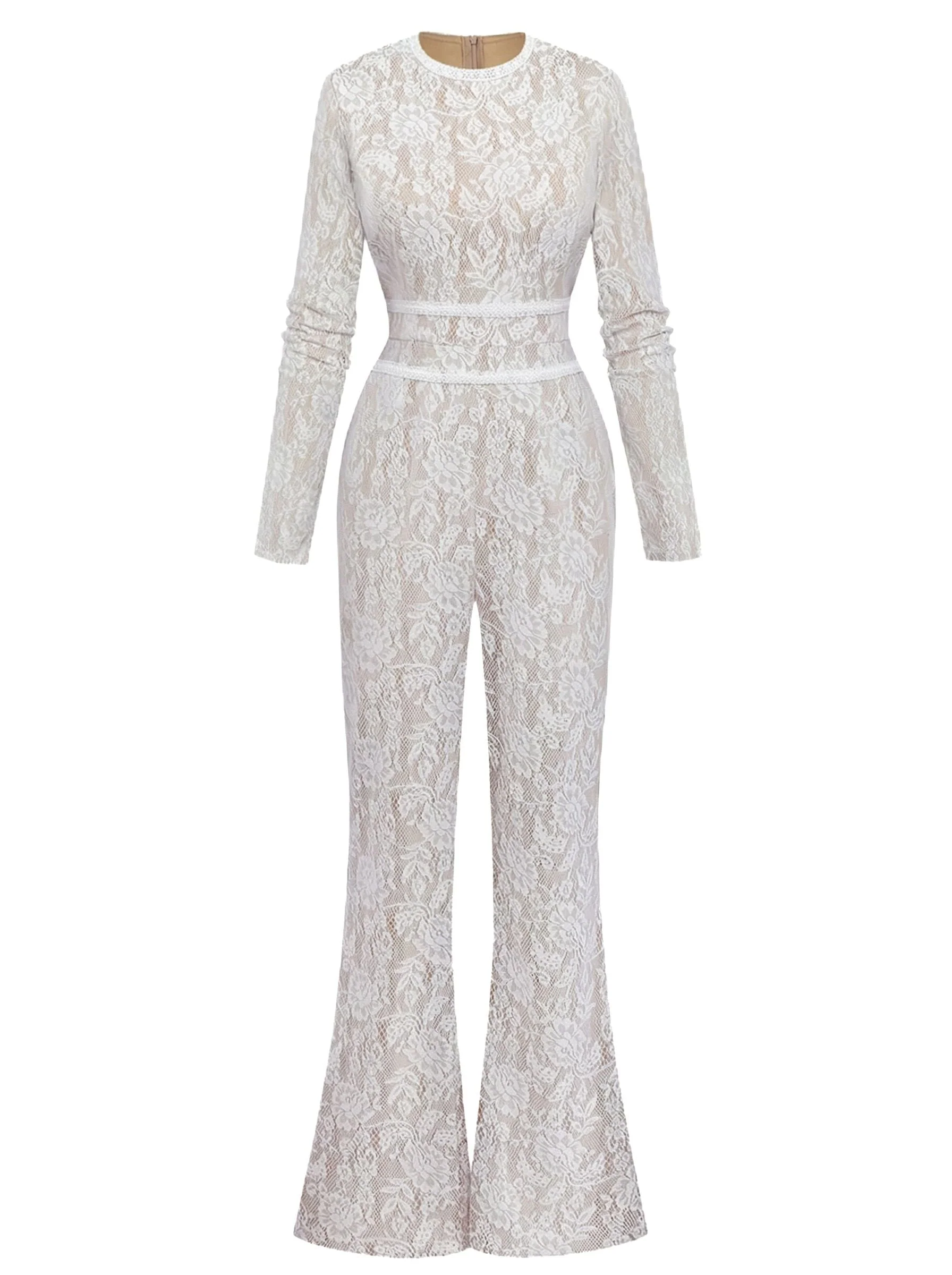 Weiß 1970er Spitze Langarm Ausgestellt Beine Jumpsuit - Image 2