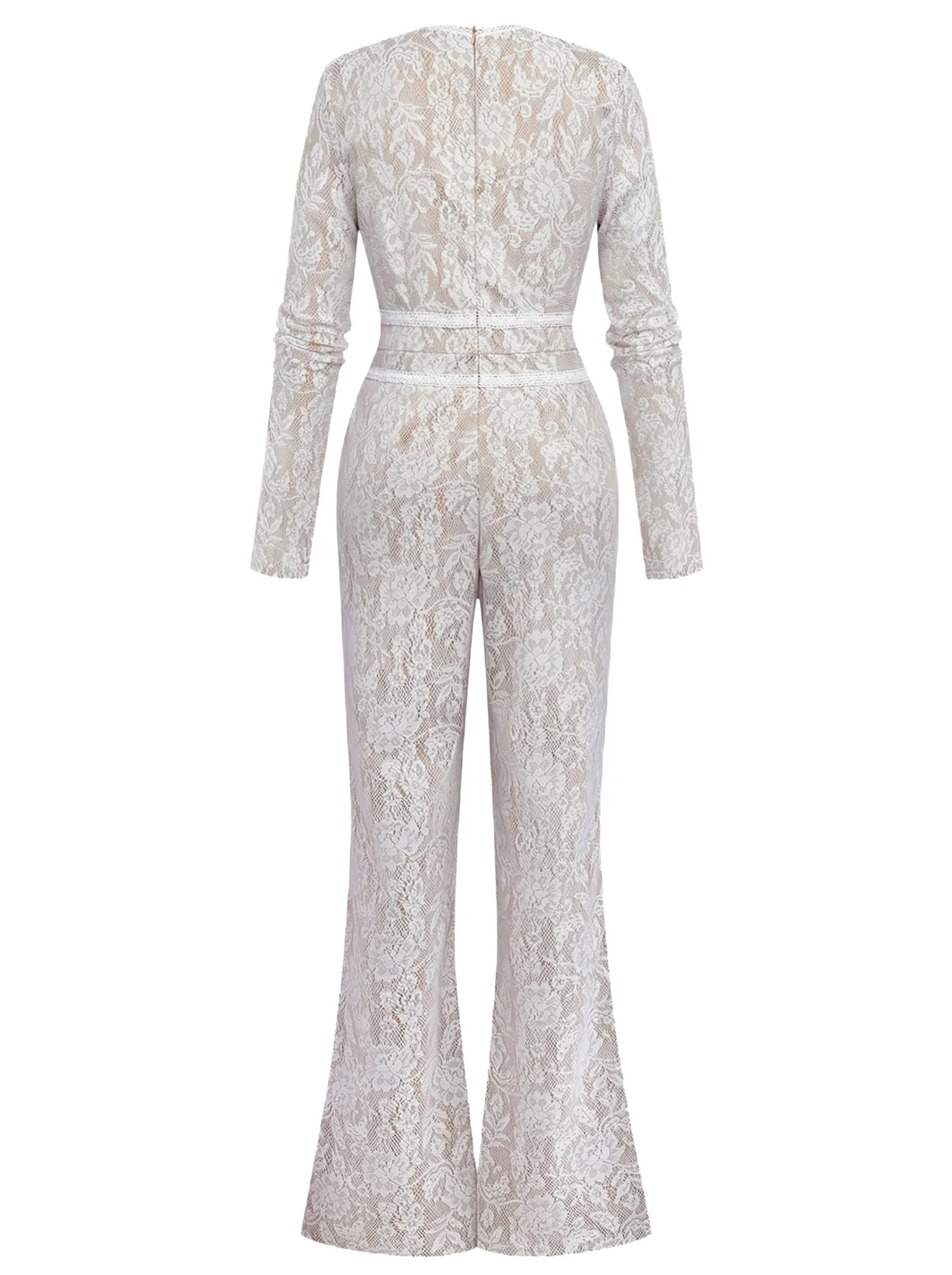 Weiß 1970er Spitze Langarm Ausgestellt Beine Jumpsuit - Image 3