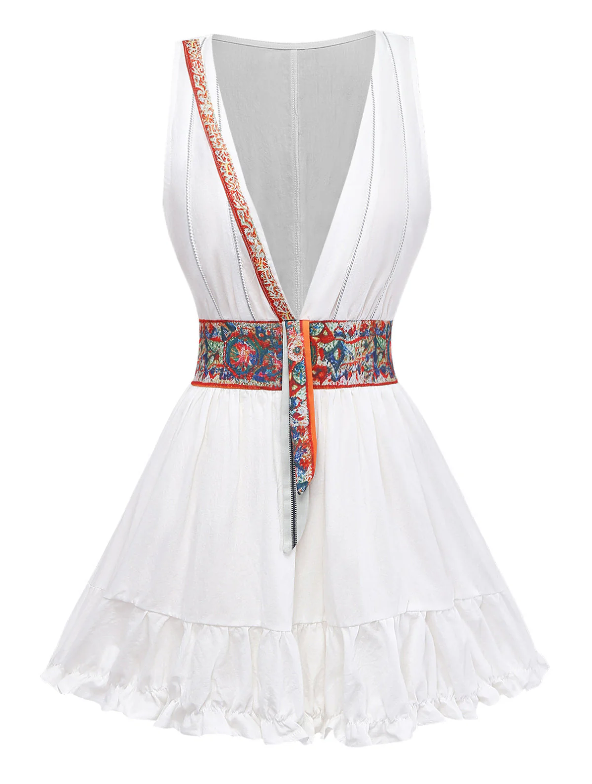 Weiß 1970er V-Ausschnitt Ärmellos Boho Mini Kleid - Image 2