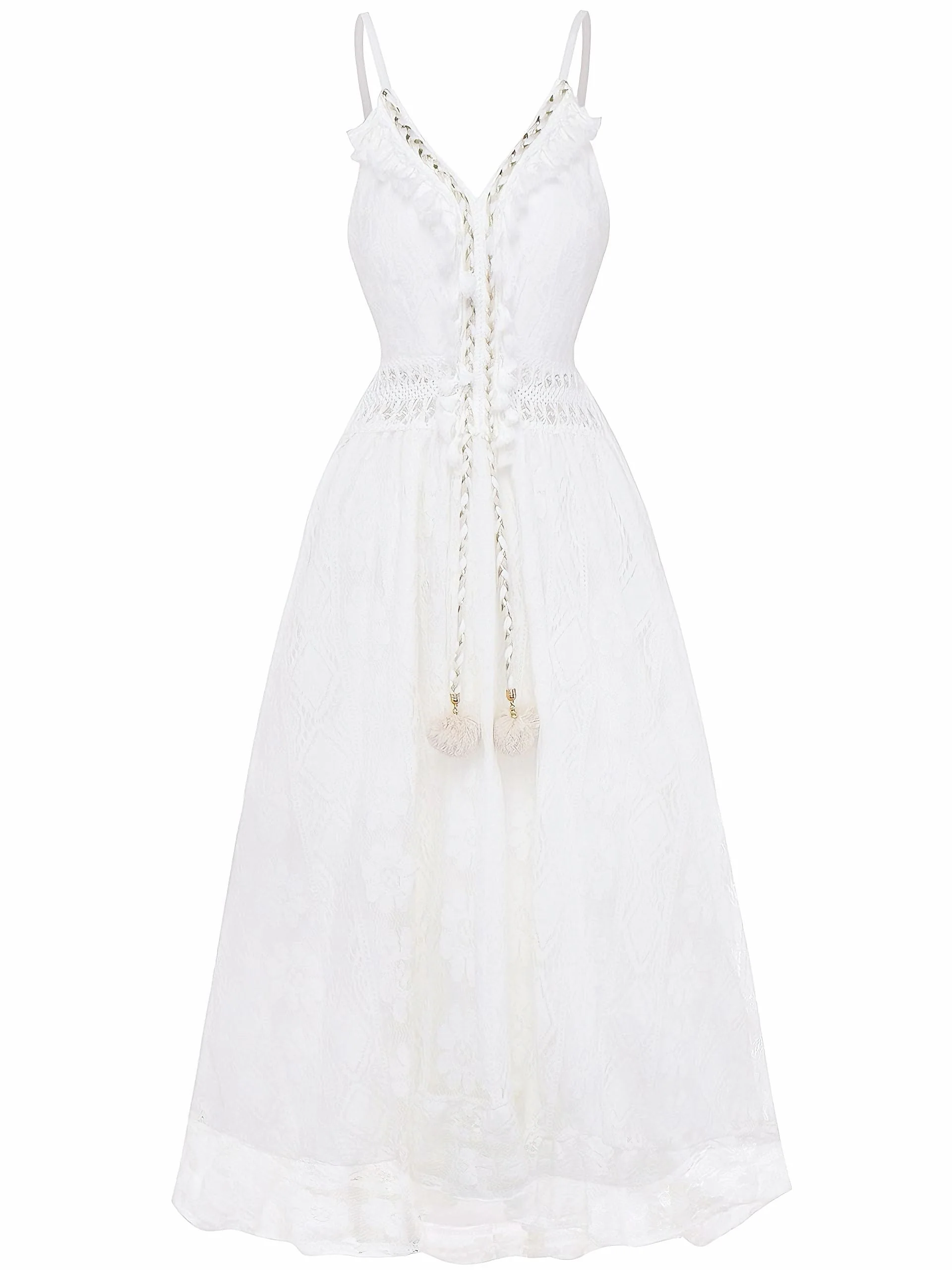 Weiß 1970er V-Ausschnitt Boho Spitze Maxi Kleid - Image 2
