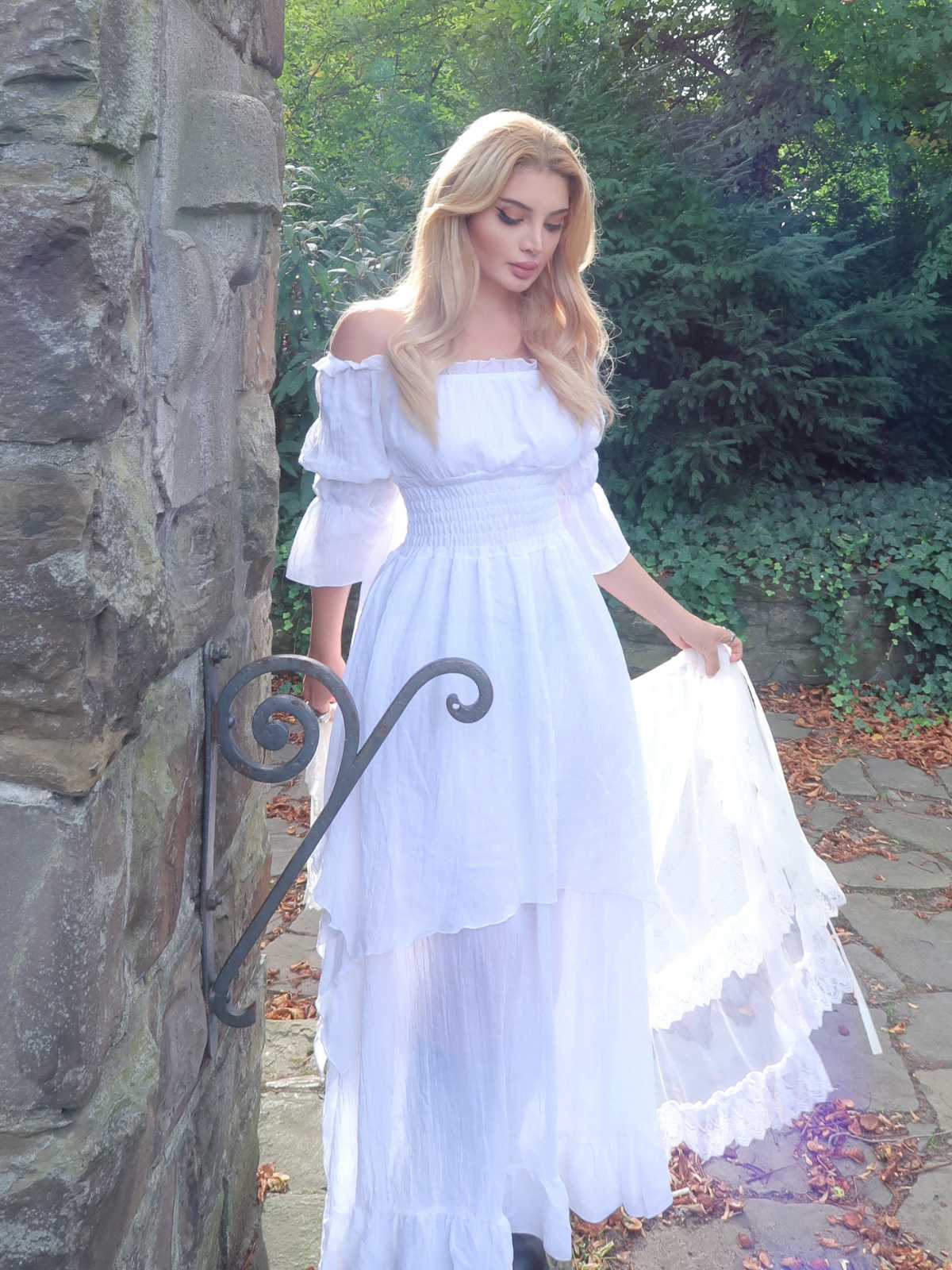 Weiß 1980er Gothic Glockenärmel Unregelmäßiger Saum Kleid - Image 2