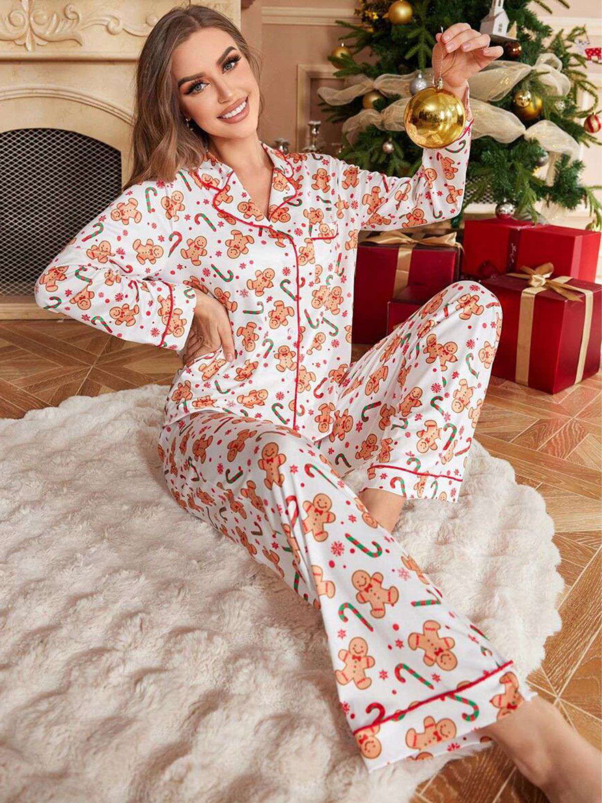 Weiß 1980er Lebkuchen Zuckerstange Weihnachten Pyjama-Set - Image 4