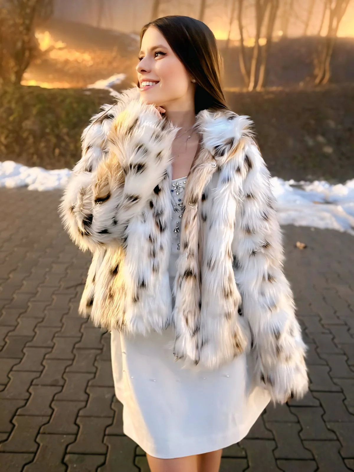 Weiß 1980er Ren Kunstpelz Jacke