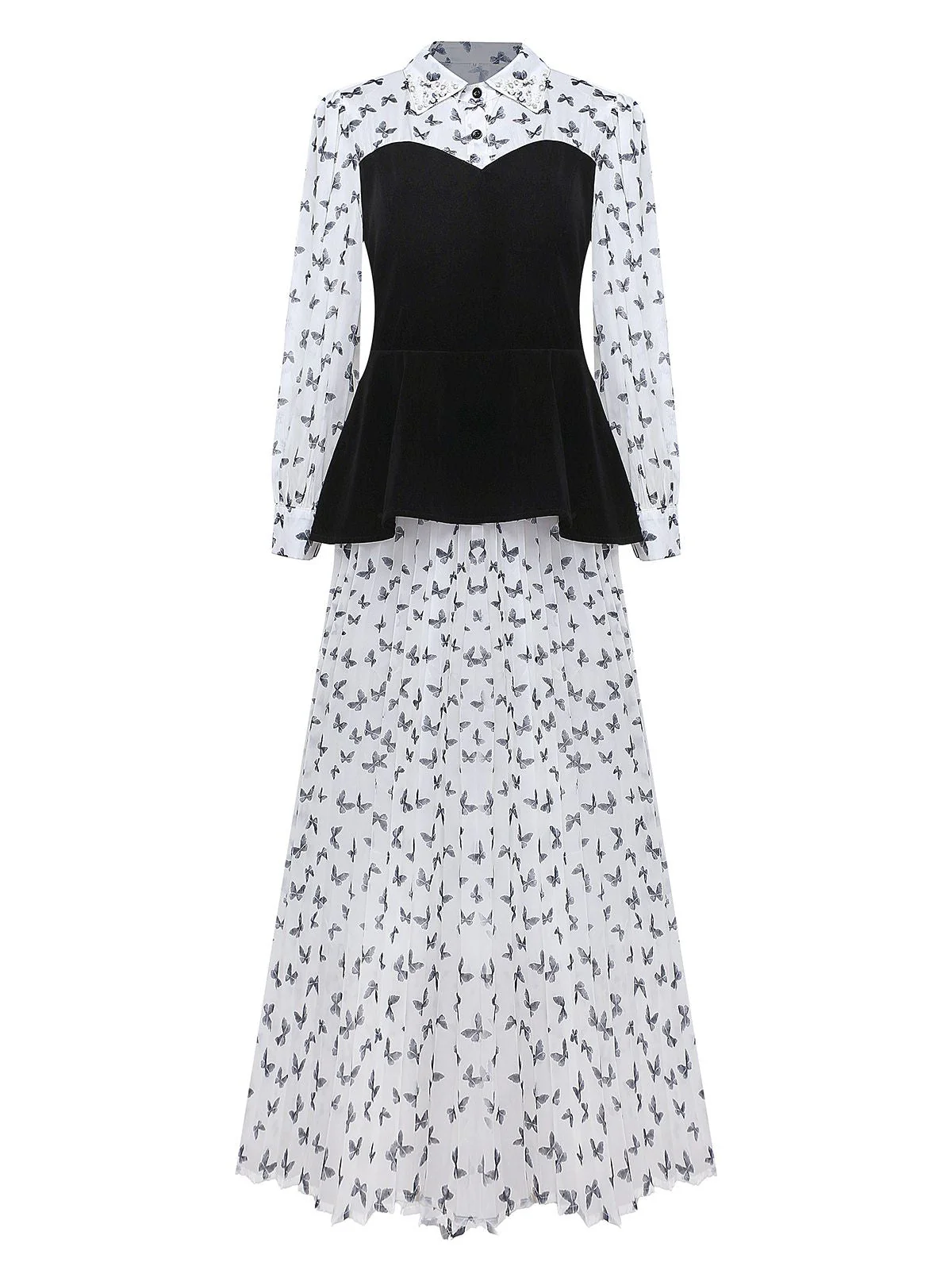 Weiß 1980er Schmetterling Perle Plissiertes Samt Korsett Midi Kleid - Image 2