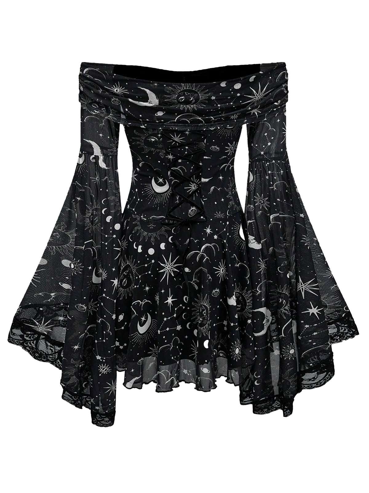 1980er Stern & Mond & Sonnengesicht Schulterfrei Glockenärmel Kleid - Image 2