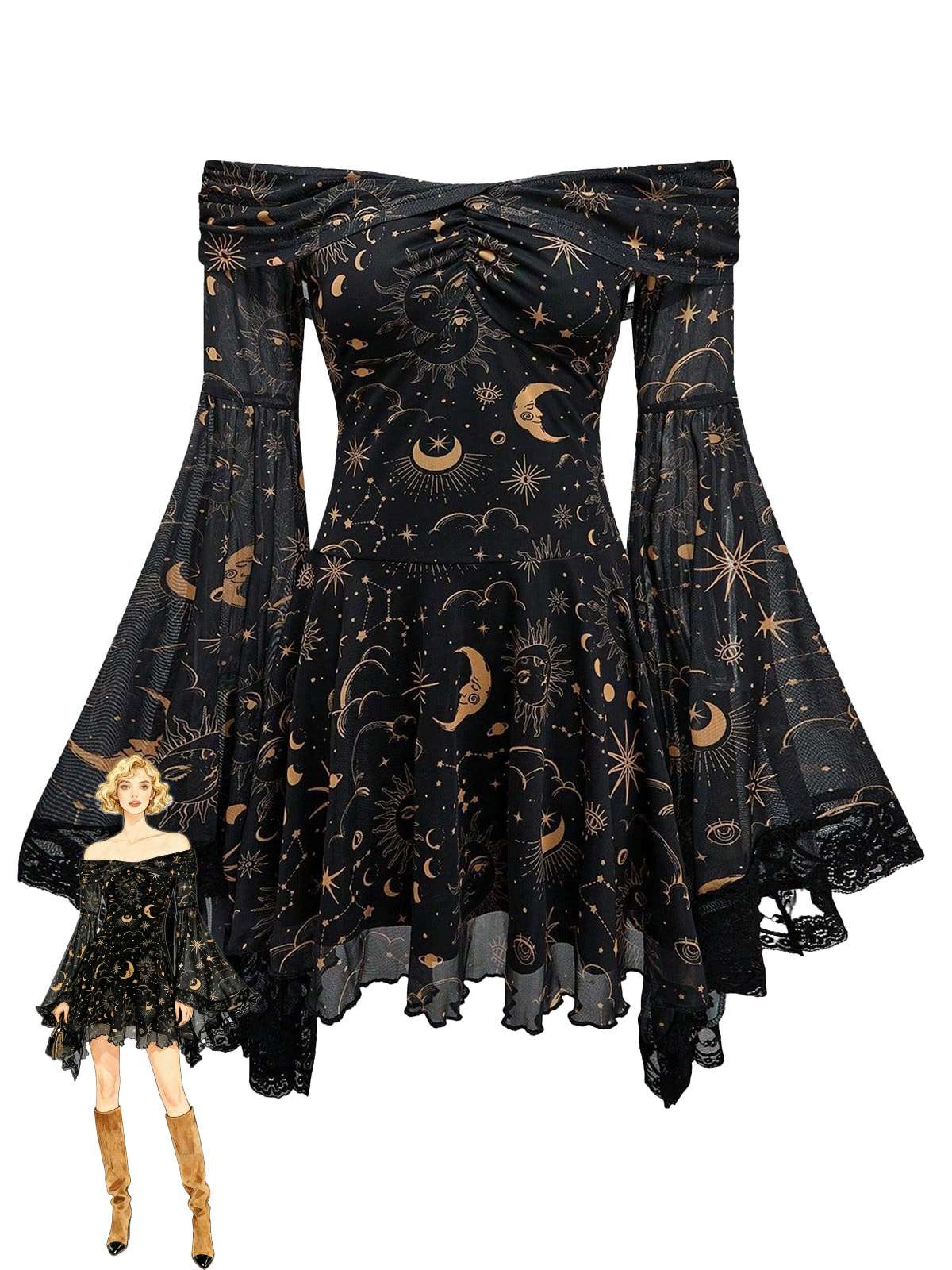 1980er Stern & Mond & Sonnengesicht Schulterfrei Glockenärmel Kleid - Image 3