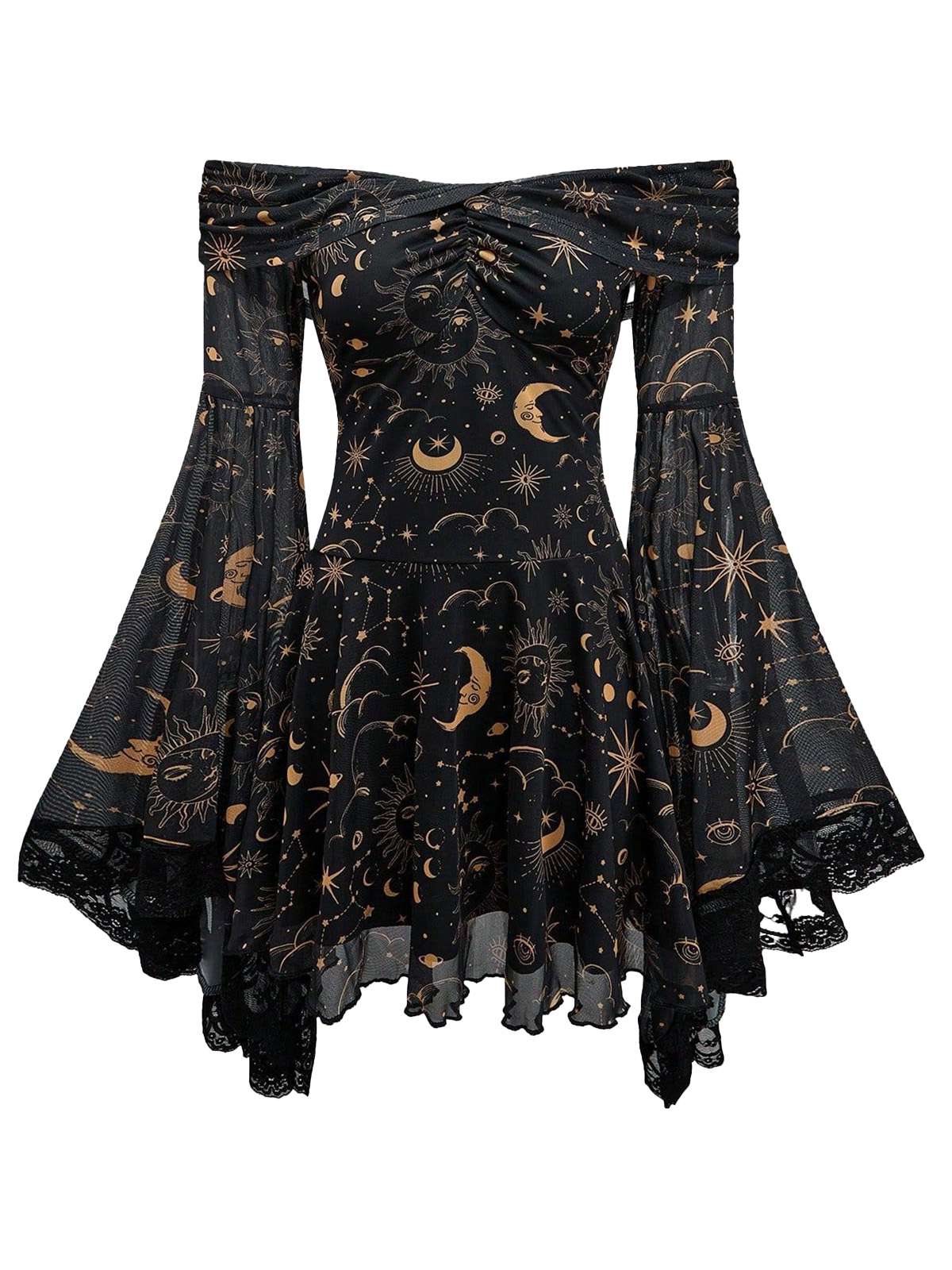 1980er Stern & Mond & Sonnengesicht Schulterfrei Glockenärmel Kleid - Image 4