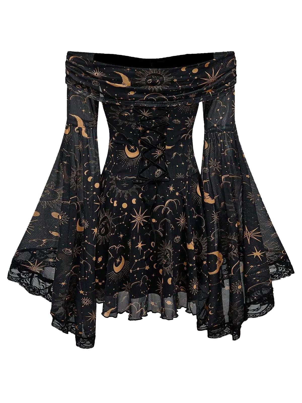 1980er Stern & Mond & Sonnengesicht Schulterfrei Glockenärmel Kleid - Image 5