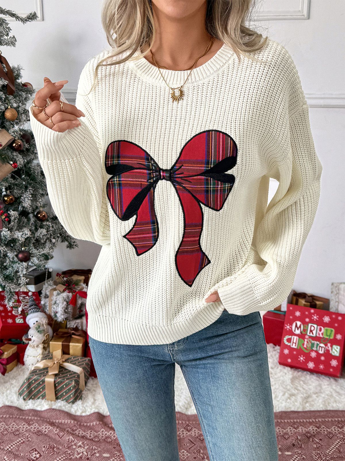 Weiß 1980er Weihnachten Plaid Bogen Rundhals Pullover - Image 3