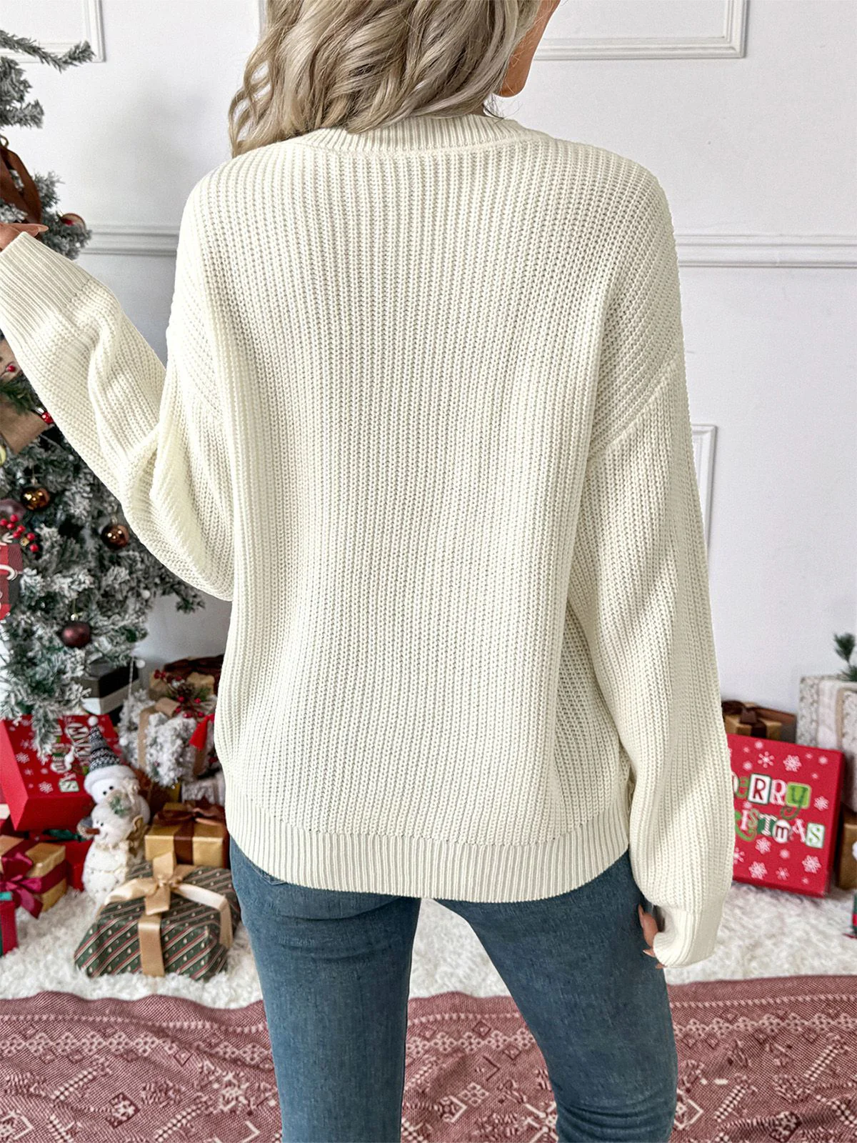Weiß 1980er Weihnachten Plaid Bogen Rundhals Pullover - Image 4