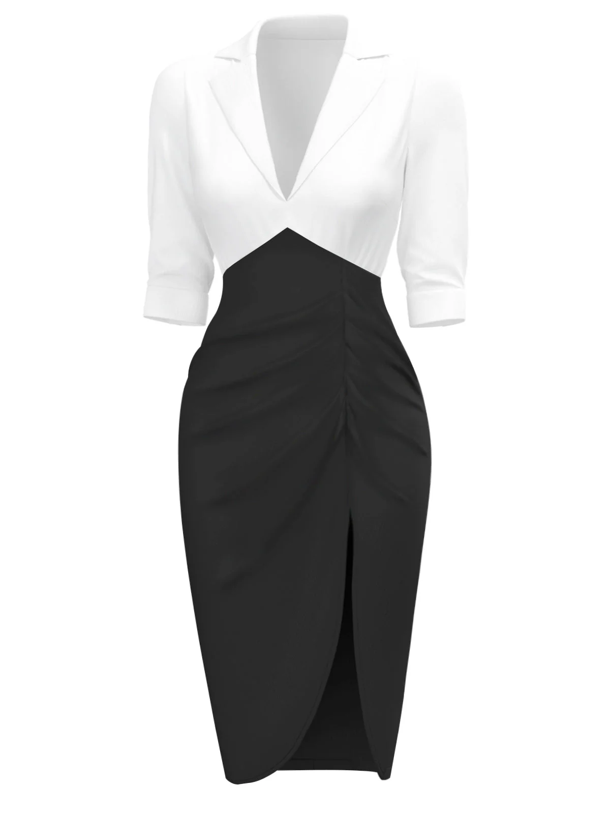 Weiß & Schwarz 1960er Kerbkragen Gerüschtes Enges Kleid - Image 6