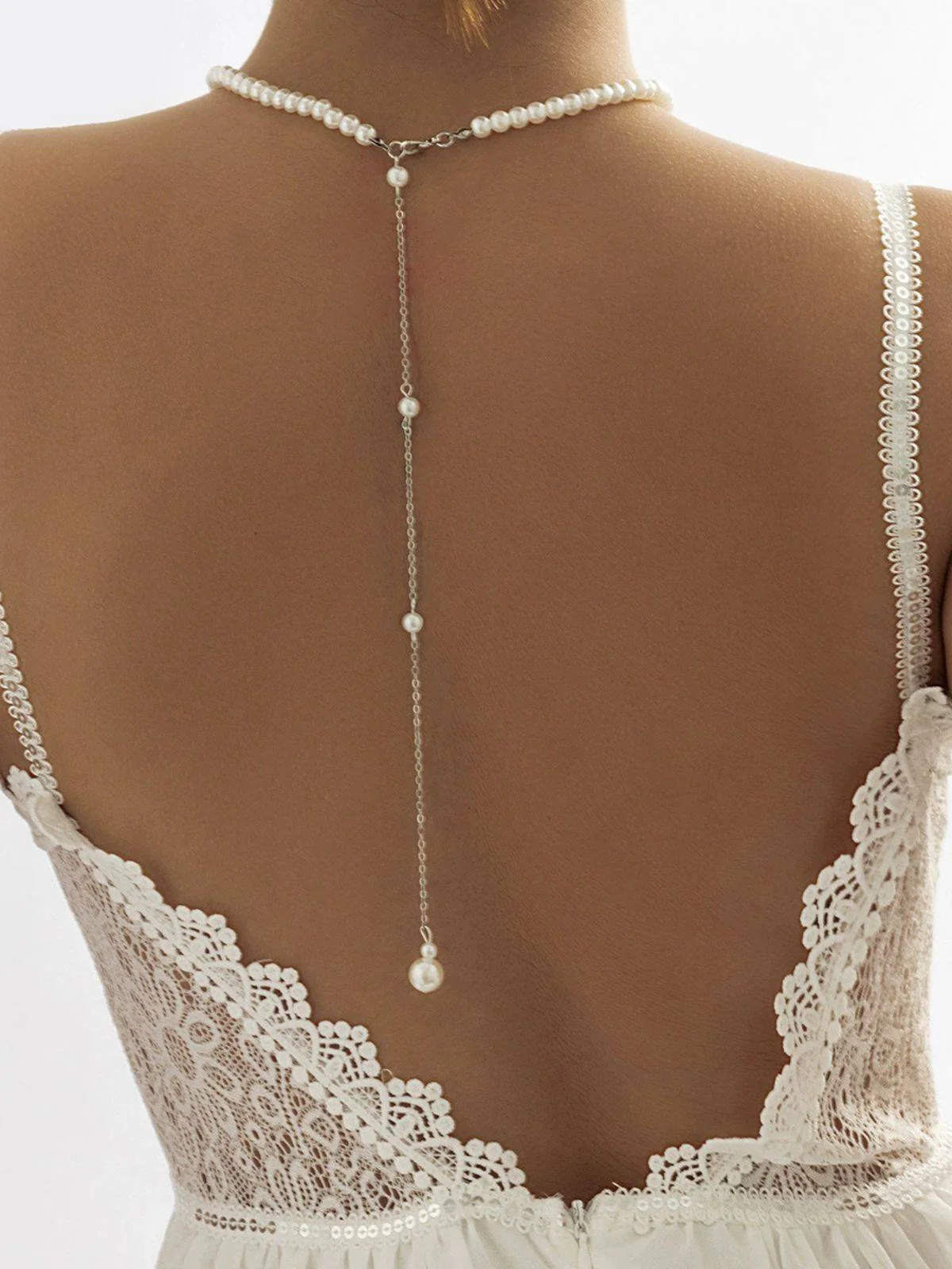 Weiß Vintage Perle Zurück Drop Kette Halskette - Image 3