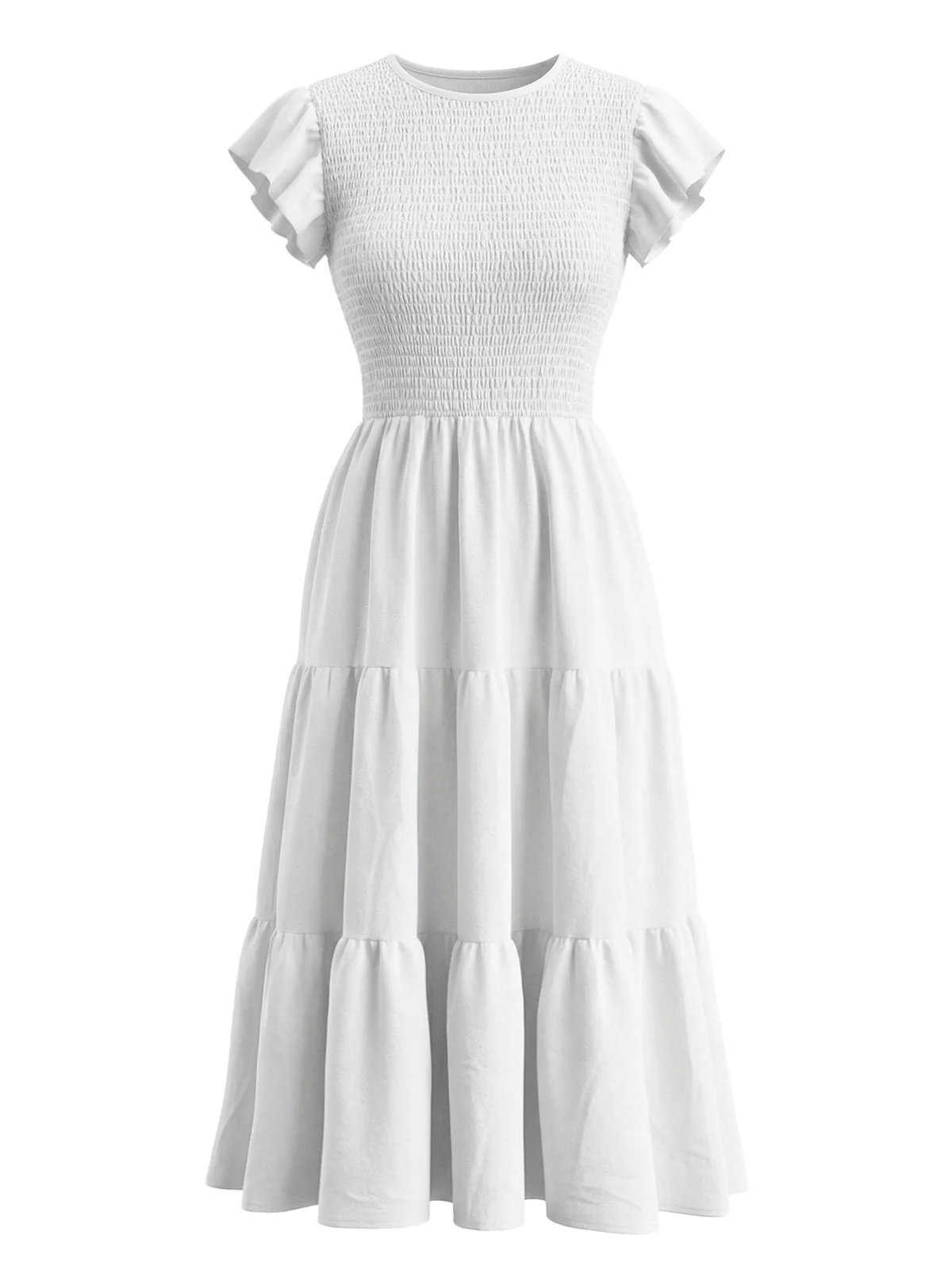 Weißes 40er Smockkleid mit Flatterärmel und gestuft - Image 2