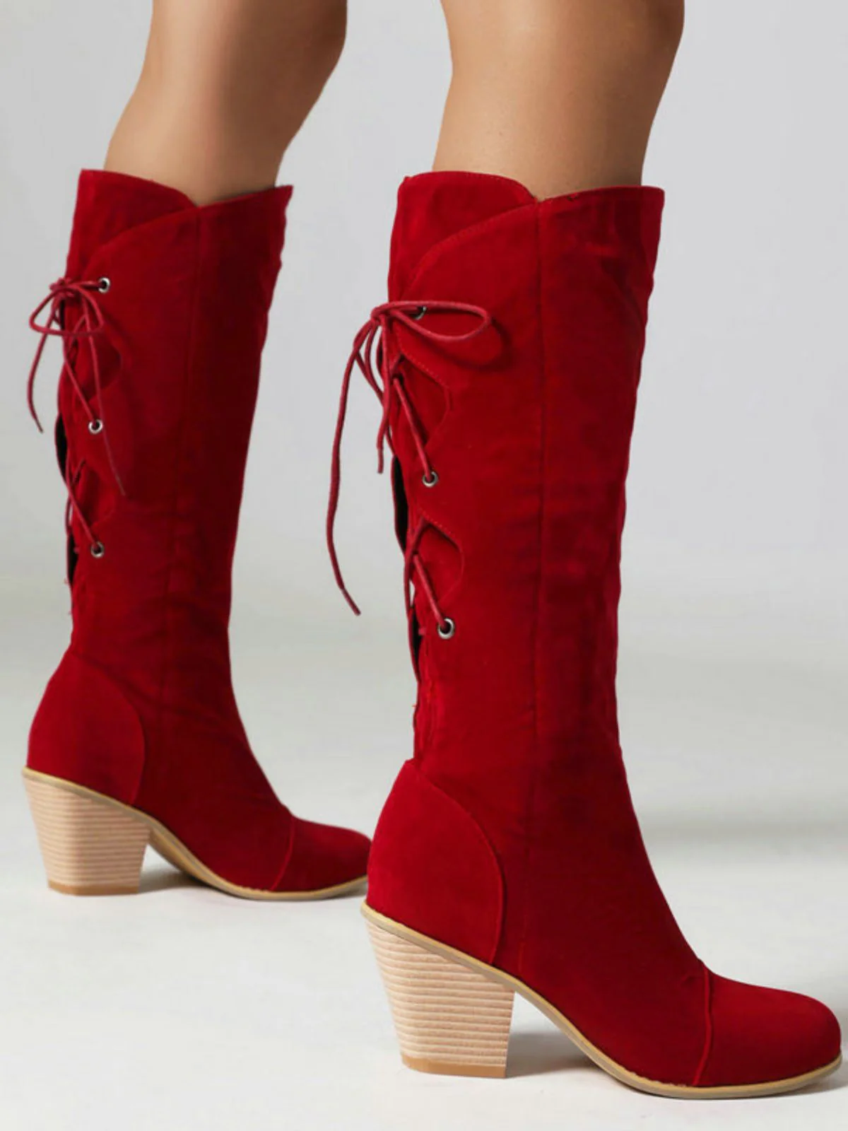Wildleder Knee Schnürung Blockabsatz Stiefel - Image 14