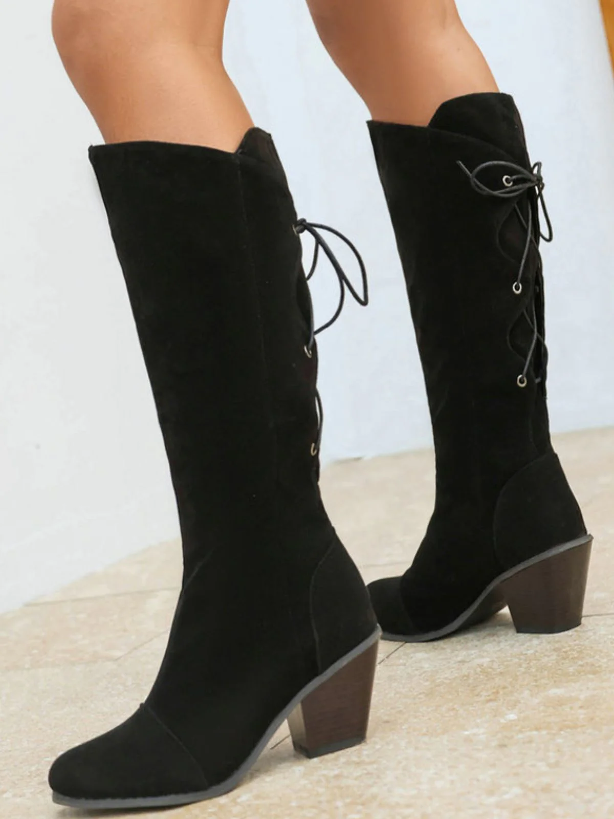 Wildleder Knee Schnürung Blockabsatz Stiefel - Image 18