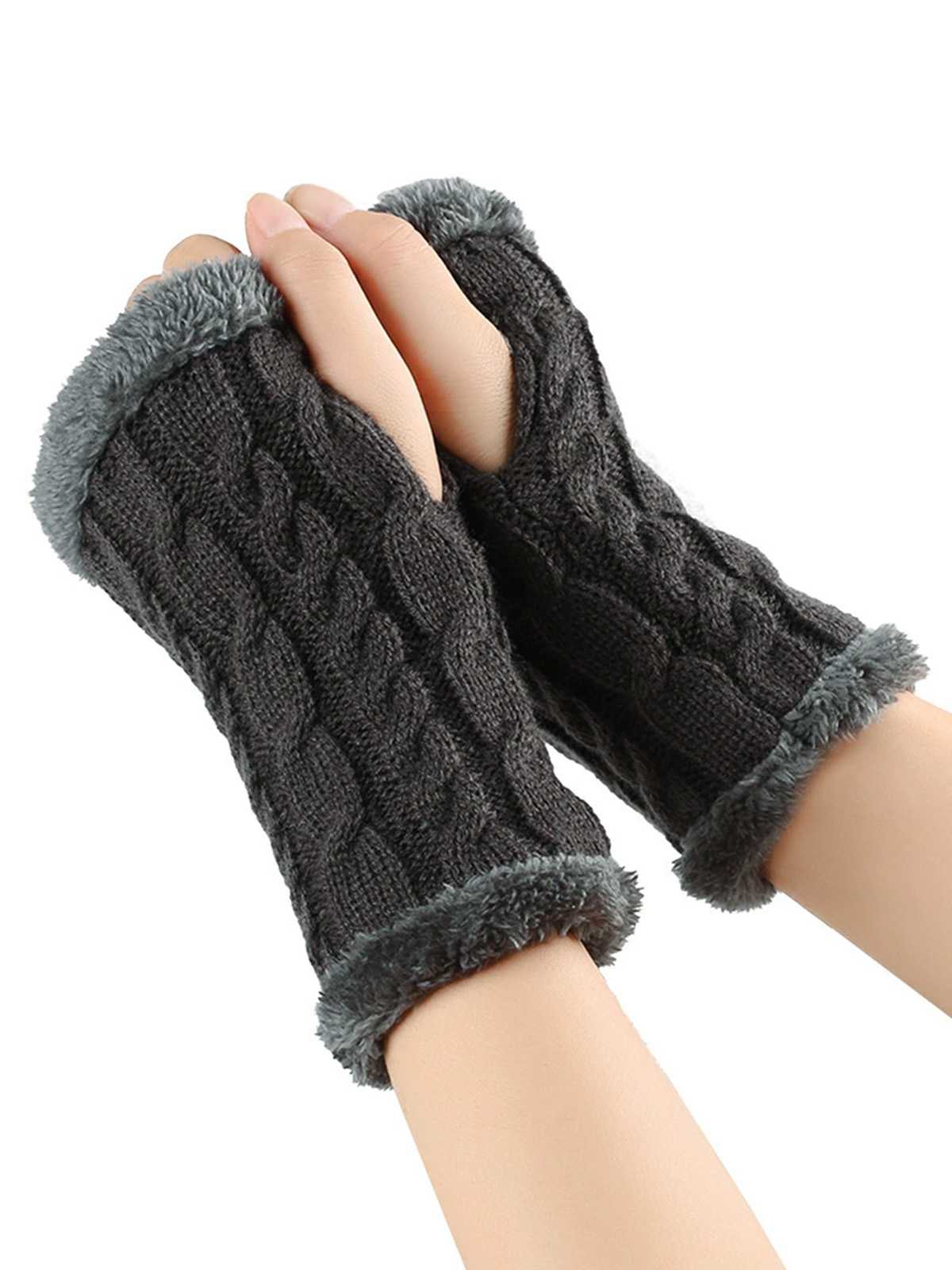 Winter Kunstpelzbesatz Stricken Fingerlos Handschuhe - Image 10