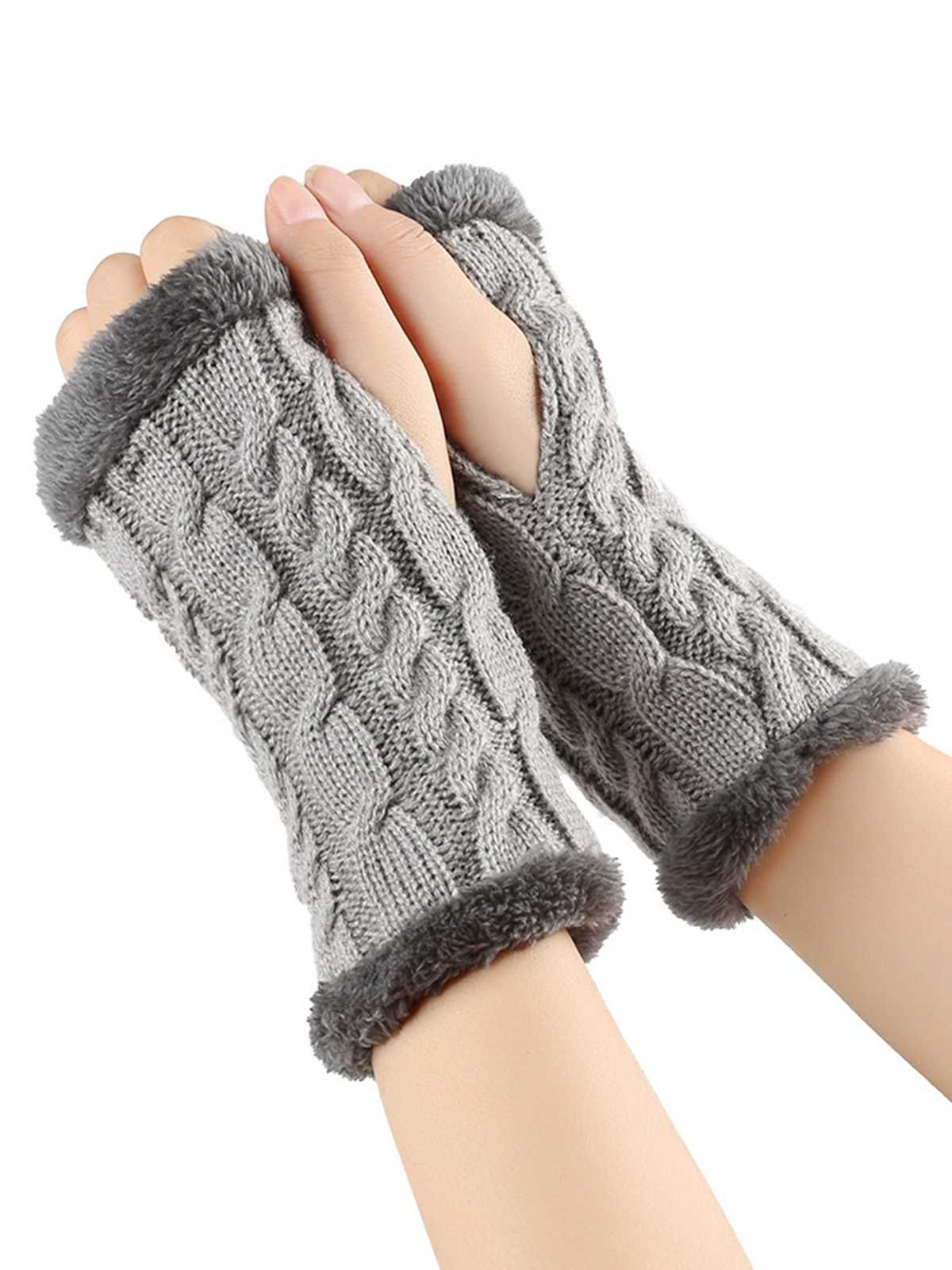 Winter Kunstpelzbesatz Stricken Fingerlos Handschuhe - Image 11