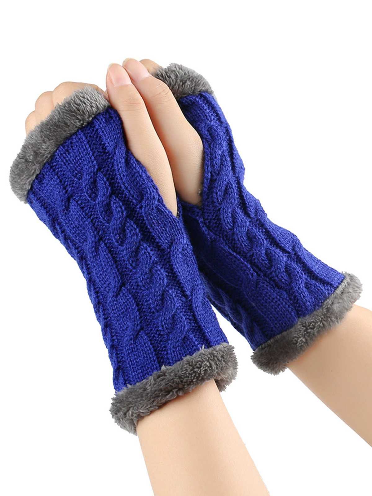 Winter Kunstpelzbesatz Stricken Fingerlos Handschuhe - Image 12