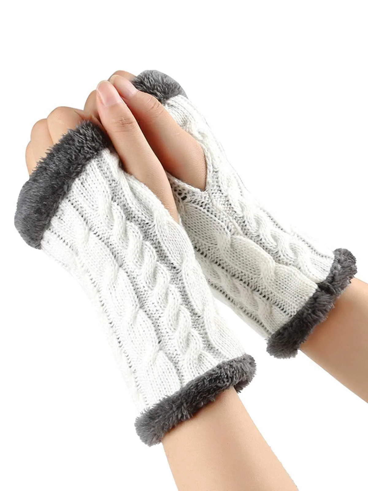 Winter Kunstpelzbesatz Stricken Fingerlos Handschuhe - Image 13