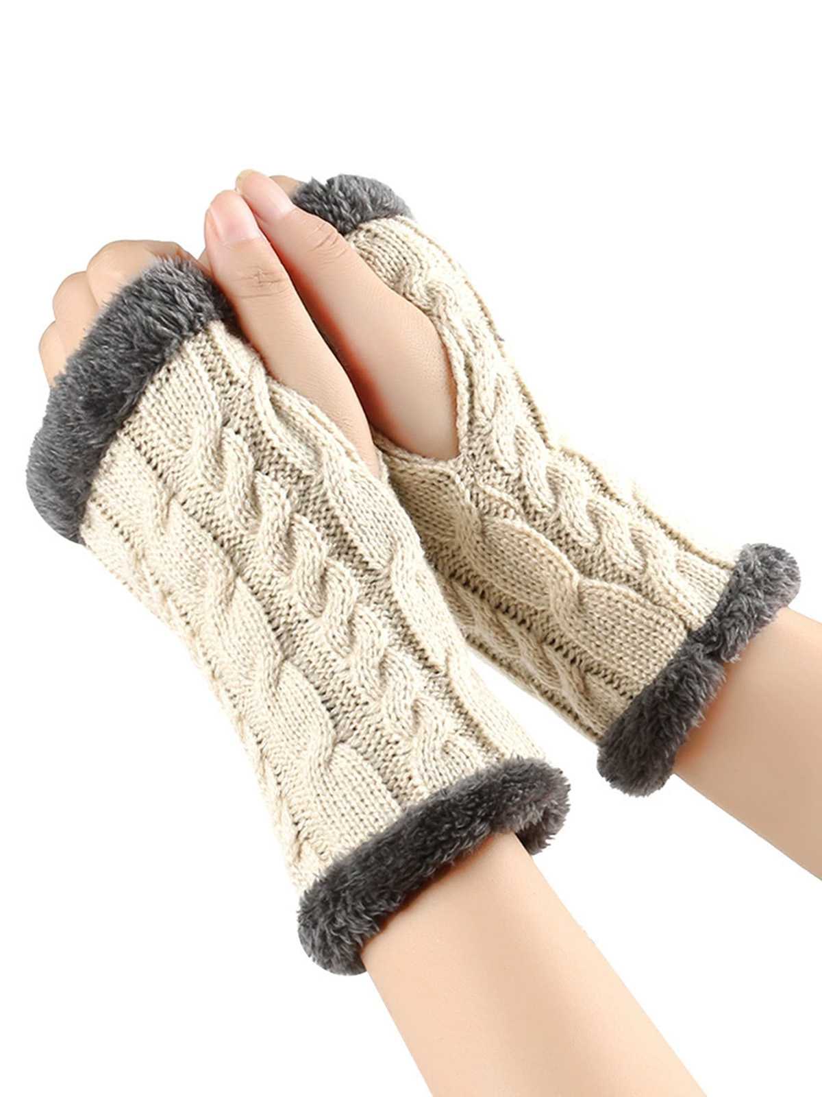 Winter Kunstpelzbesatz Stricken Fingerlos Handschuhe - Image 14