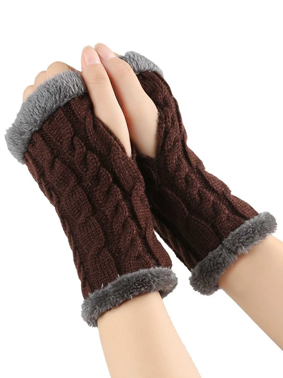 Winter Kunstpelzbesatz Stricken Fingerlos Handschuhe - Image 2