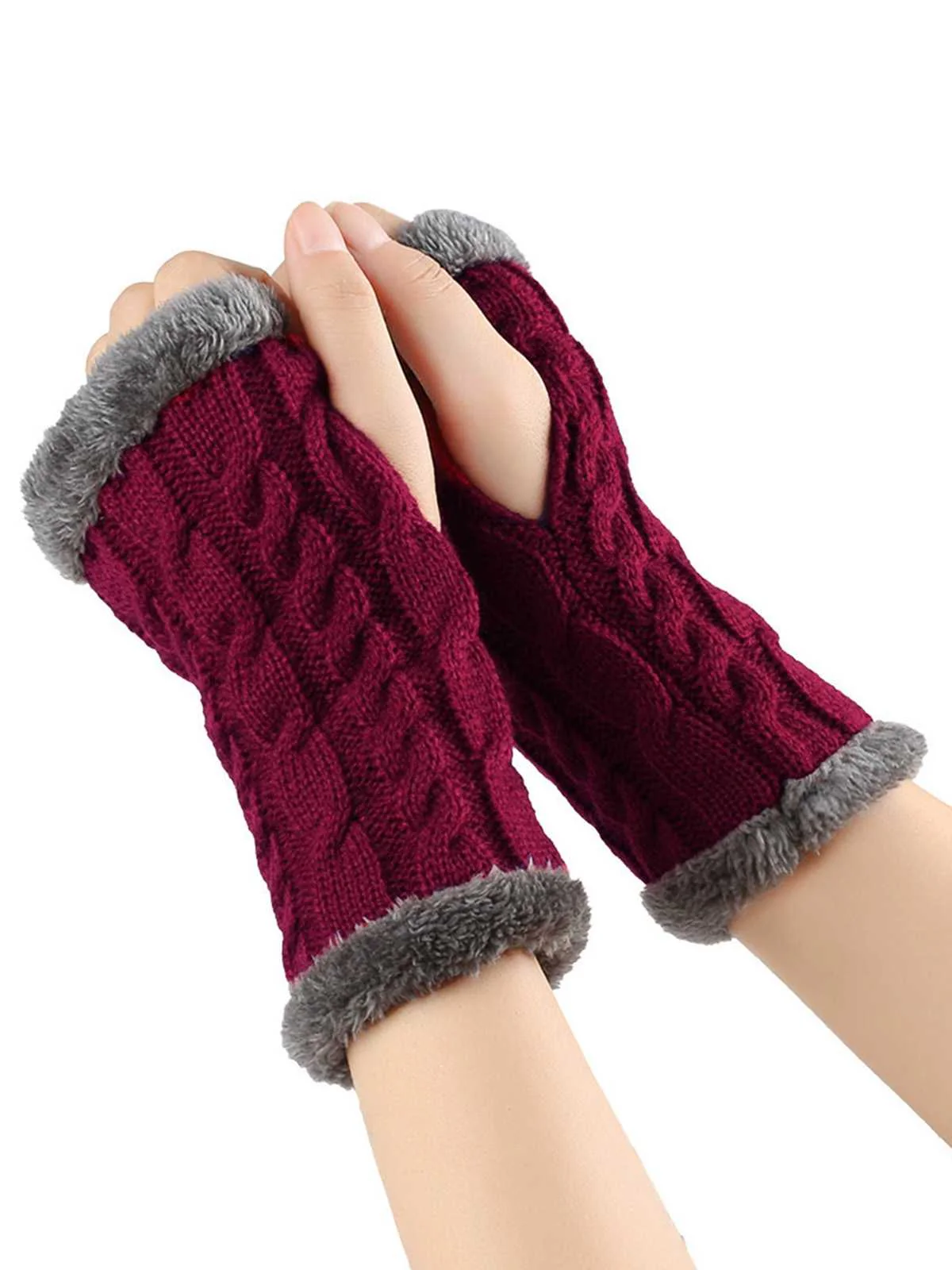 Winter Kunstpelzbesatz Stricken Fingerlos Handschuhe - Image 3