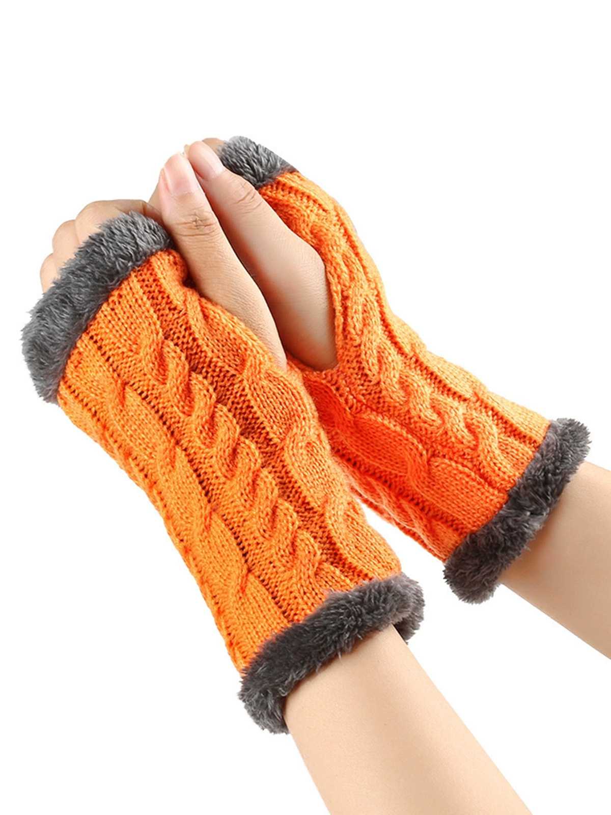 Winter Kunstpelzbesatz Stricken Fingerlos Handschuhe - Image 4