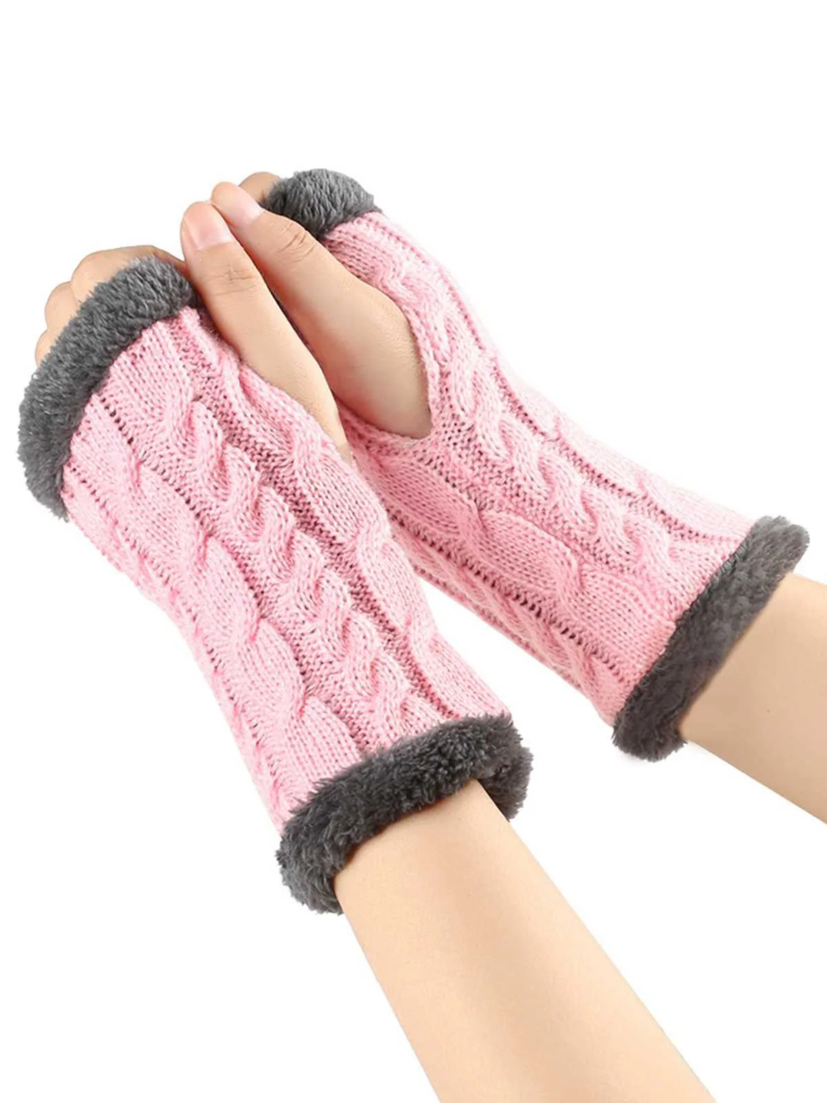 Winter Kunstpelzbesatz Stricken Fingerlos Handschuhe - Image 5