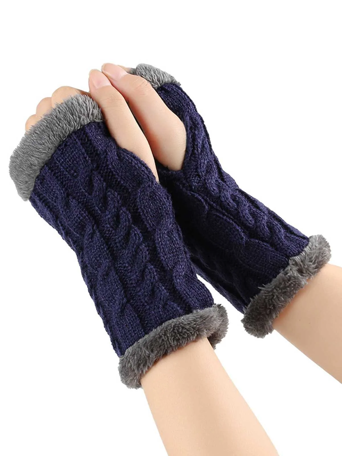 Winter Kunstpelzbesatz Stricken Fingerlos Handschuhe - Image 6