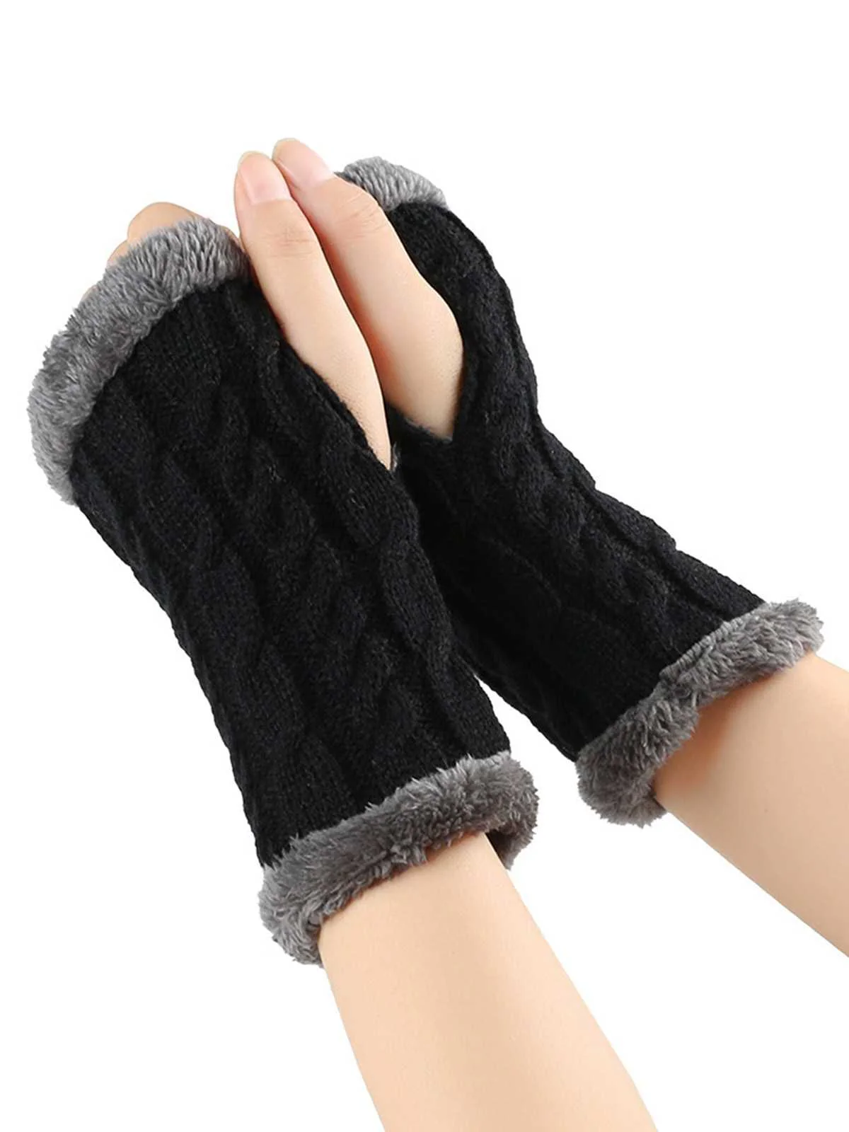 Winter Kunstpelzbesatz Stricken Fingerlos Handschuhe - Image 7