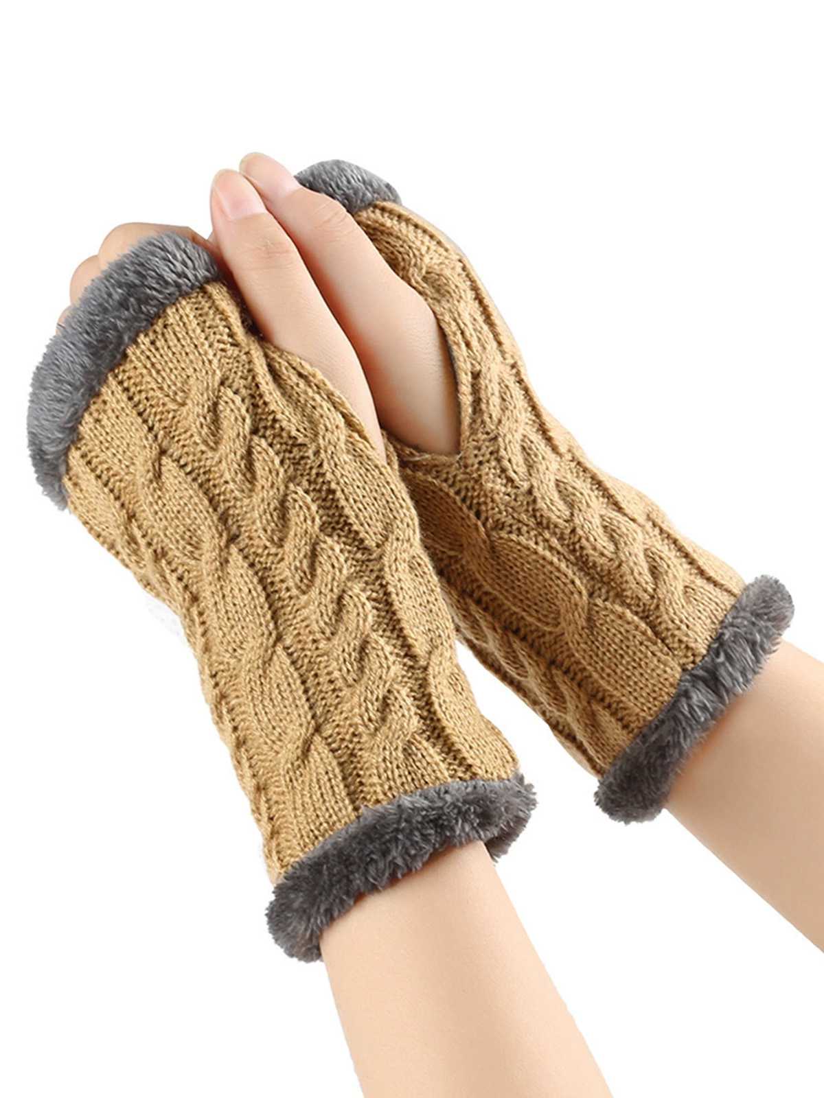 Winter Kunstpelzbesatz Stricken Fingerlos Handschuhe - Image 8