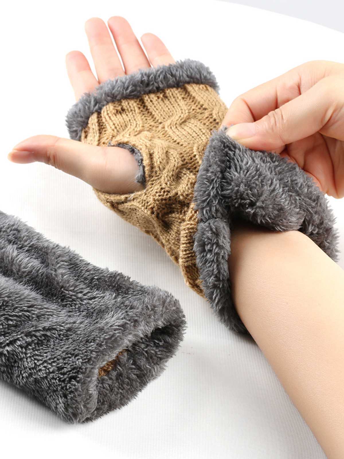 Winter Kunstpelzbesatz Stricken Fingerlos Handschuhe - Image 9