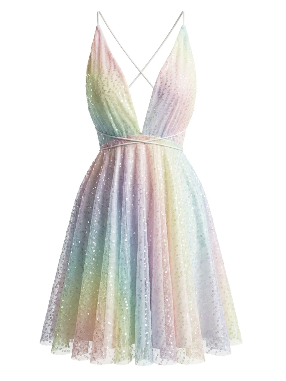 [Vorverkauf] Y2K Regenbogen Pailletten Tief V-Ausschnitt Rückenfrei Kleid - Image 3