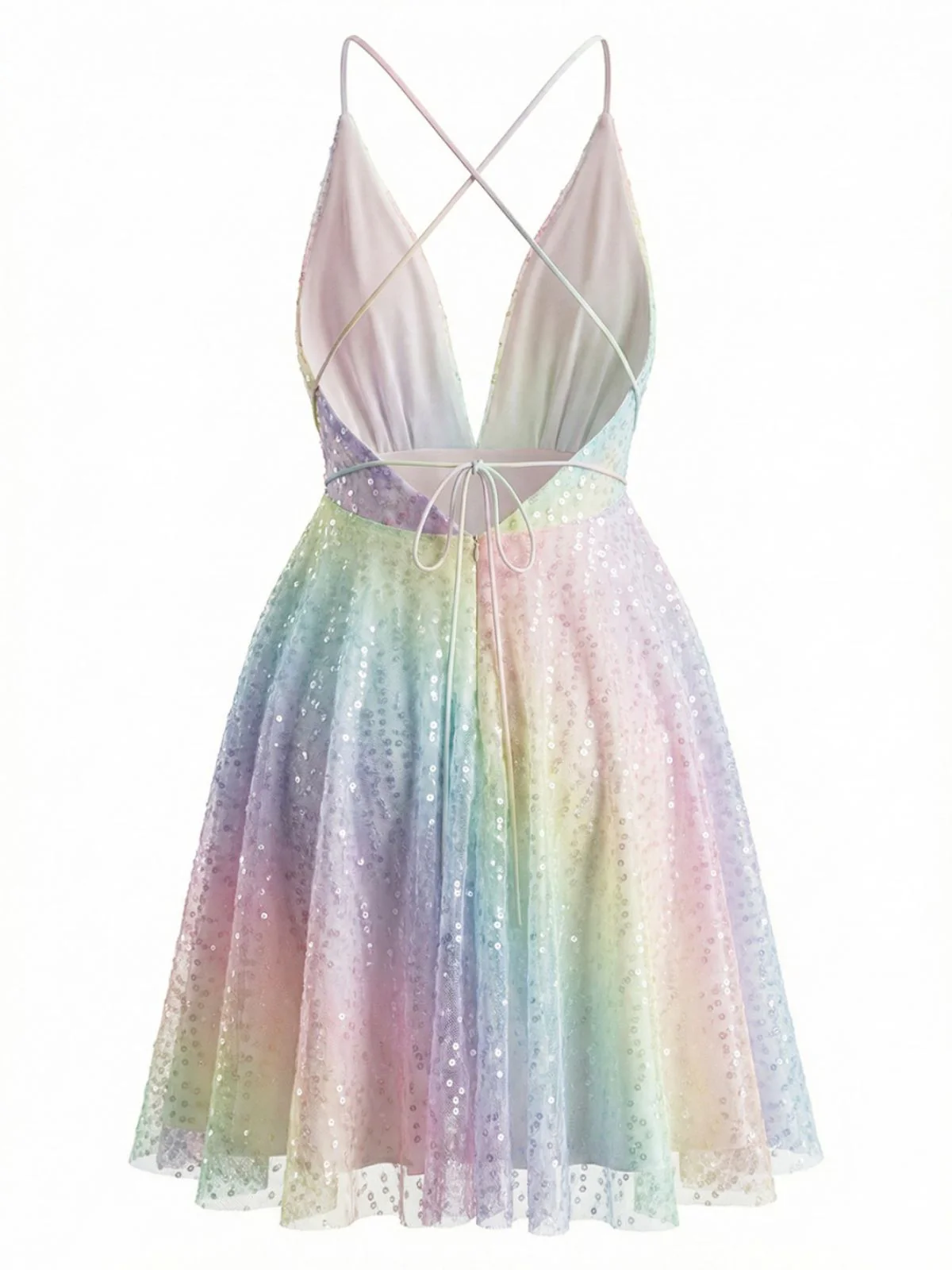[Vorverkauf] Y2K Regenbogen Pailletten Tief V-Ausschnitt Rückenfrei Kleid - Image 4