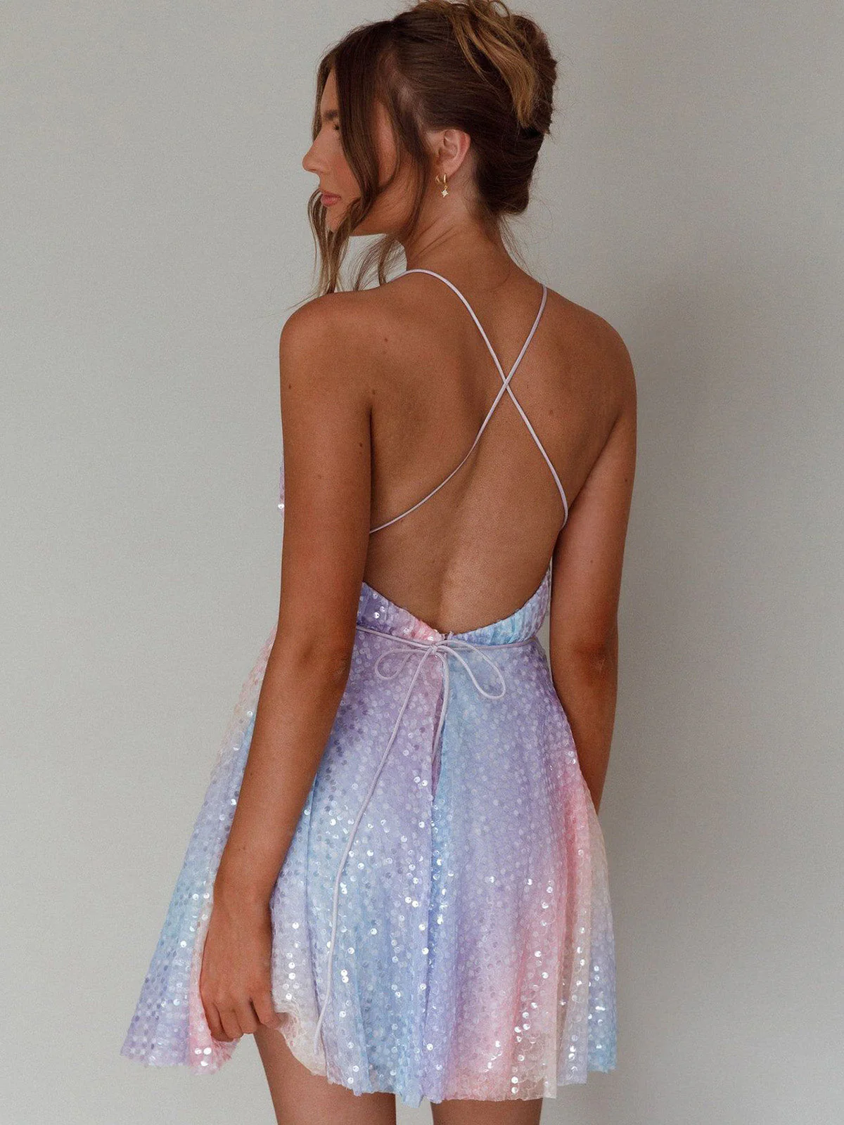 [Vorverkauf] Y2K Regenbogen Pailletten Tief V-Ausschnitt Rückenfrei Kleid - Image 5