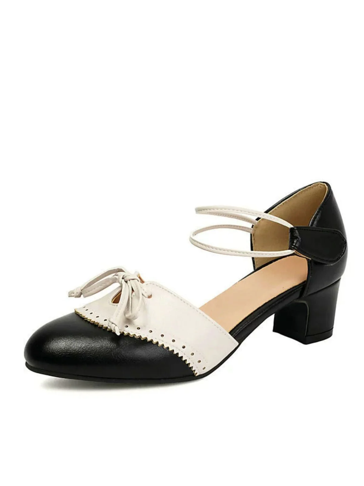 Zweifarbig Schleife Blockabsatz Mary Jane Pumps