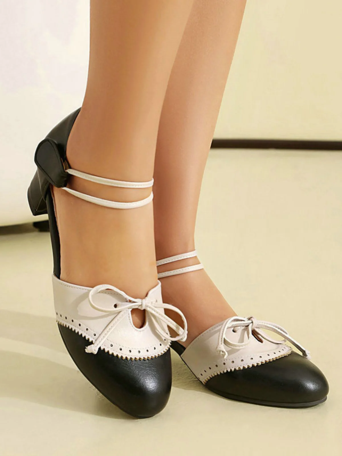 Zweifarbig Schleife Blockabsatz Mary Jane Pumps - Image 2