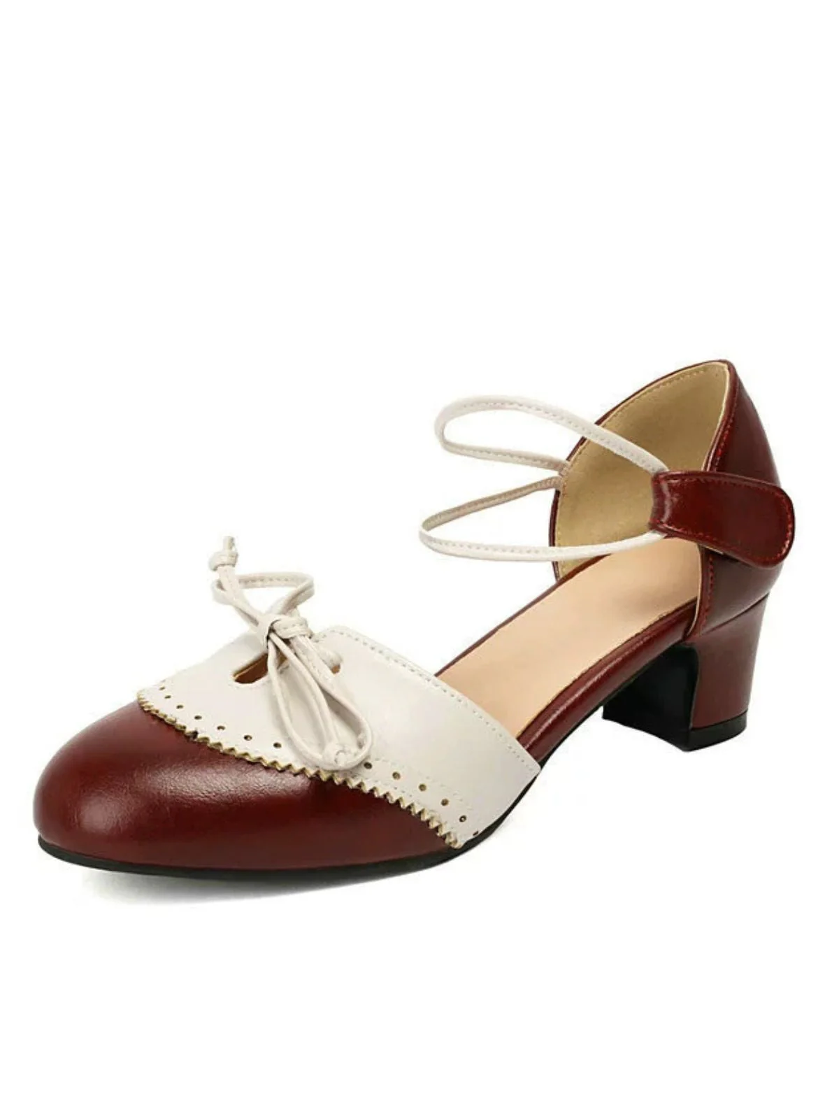 Zweifarbig Schleife Blockabsatz Mary Jane Pumps - Image 4